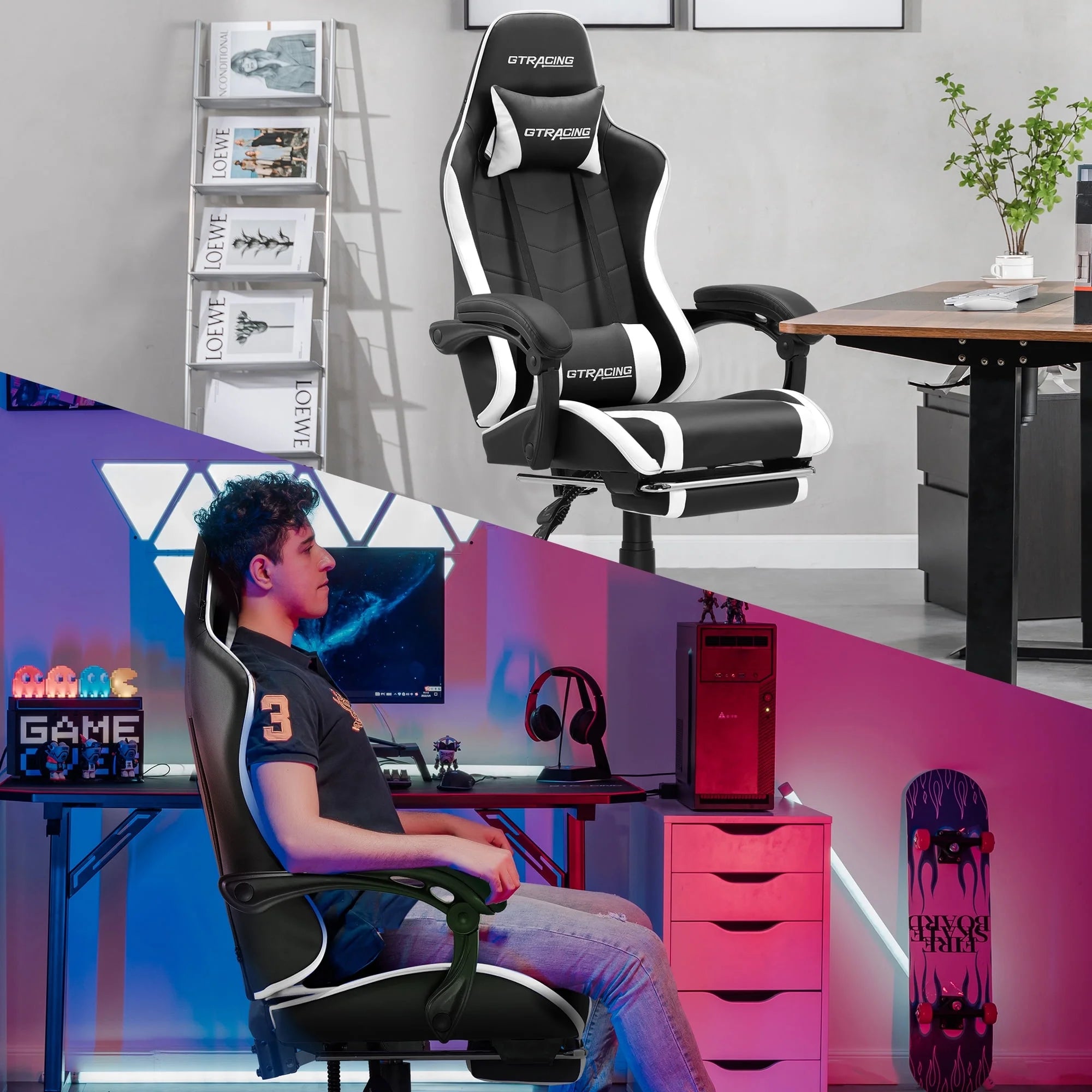 Ergonomic GTWD-200 Gaming and Office Chair with Adjustable Pillows and Footrest, White