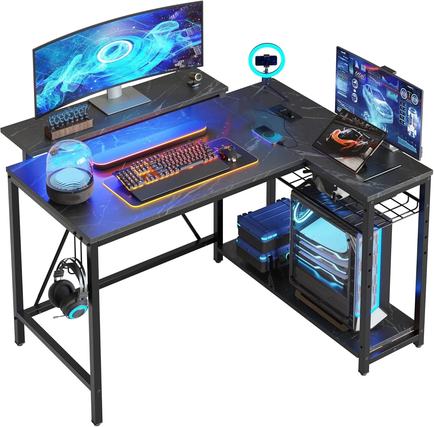 Level up your gaming setup with this sleek 42" Reversible L-Shaped Desk! 🌟 Featuring power outlets, LED lights, a monitor stand, and headset hooks, it's perfect for small spaces, bedrooms, and home offices! 🖤✨ #GamingDesk #HomeOffice #SmallSpaceLiving