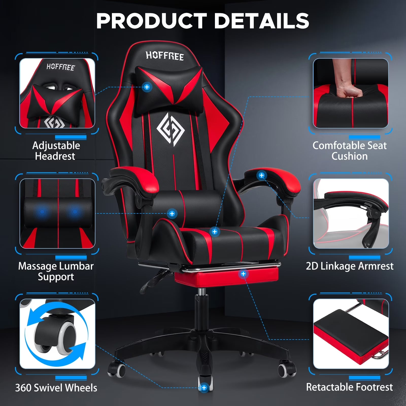 Gaming Chair Massage Game Chair with Footrest and Massage Lumbar Support Ergonomic Computer Chair Height Adjustable with Swivel Seat and Headrest