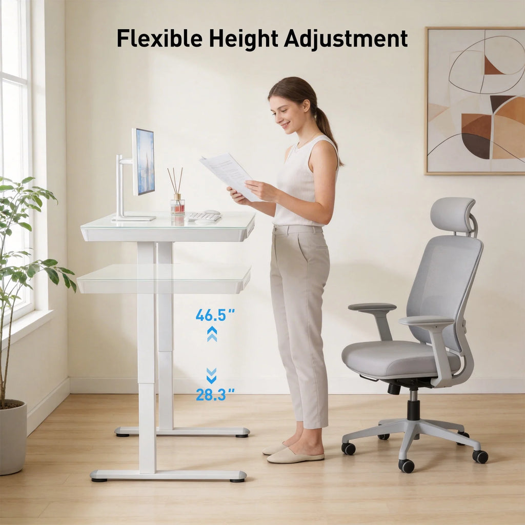 Glass Top Electric Standing Desk with Drawer, 55'' X 28'' Electric Height Adjustable Desk with USB Charging Ports, Sit Stand up for Home Office