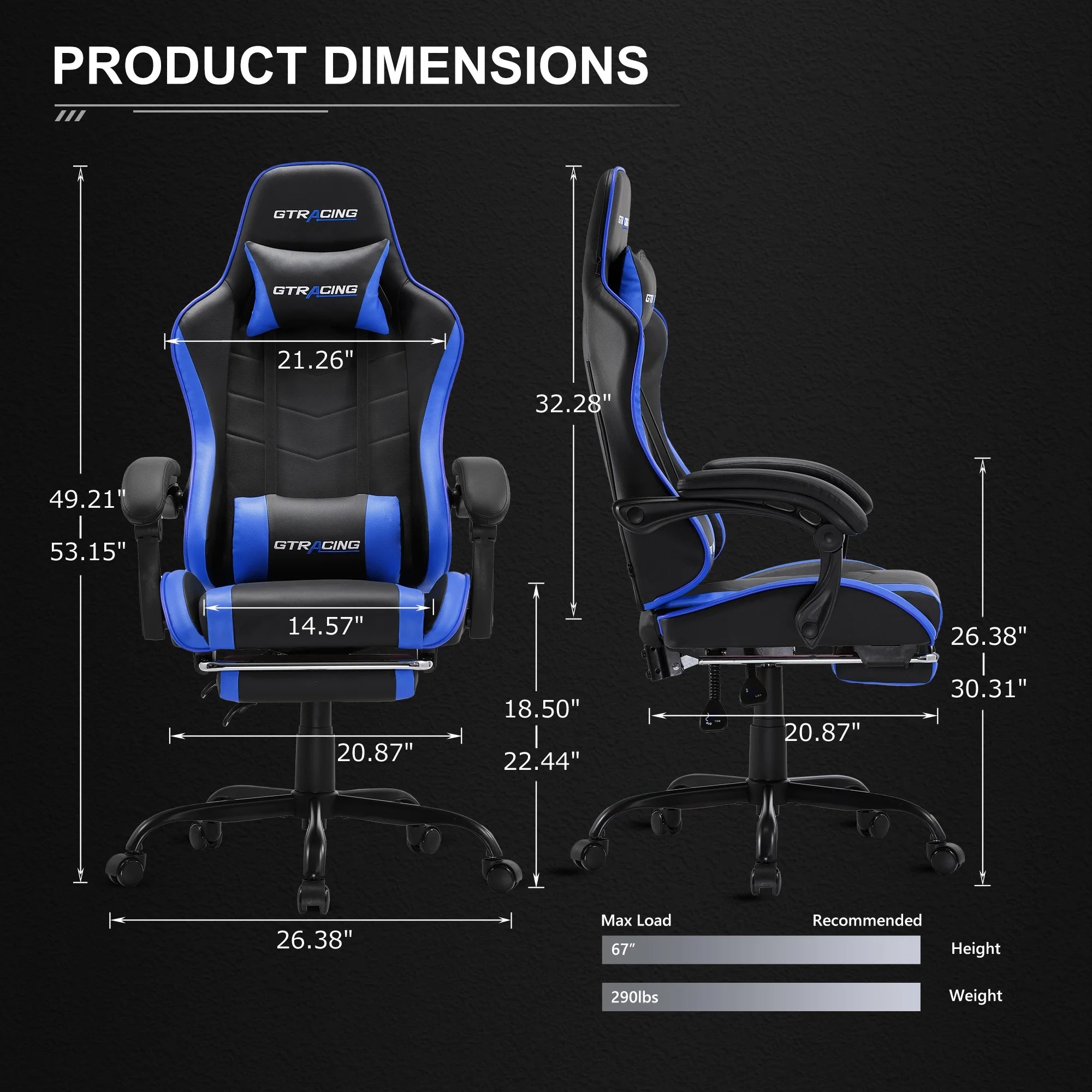 Ergonomic GTWD-200 Gaming and Office Chair with Adjustable Pillows and Footrest, Blue