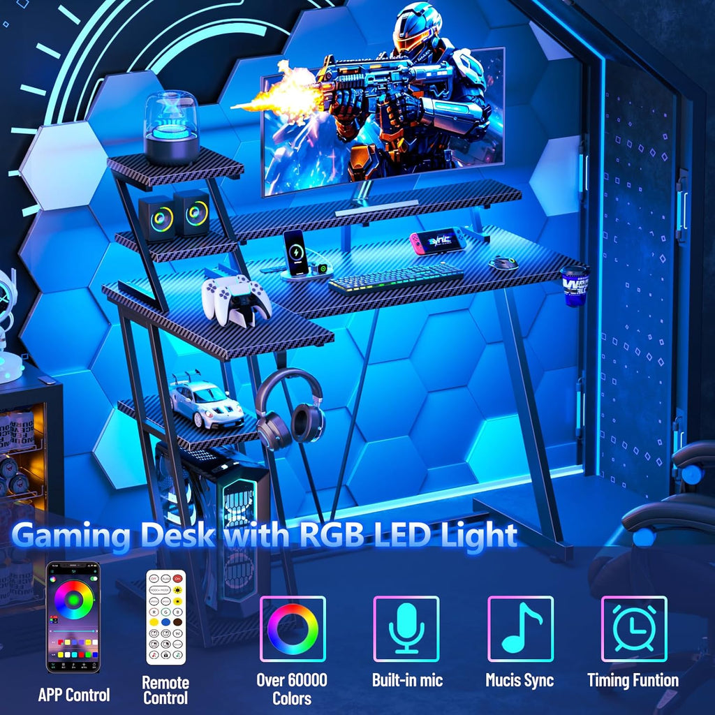 40" L-Shaped Gaming Desk with LED Lights & Power Outlet, Carbon Fiber Black