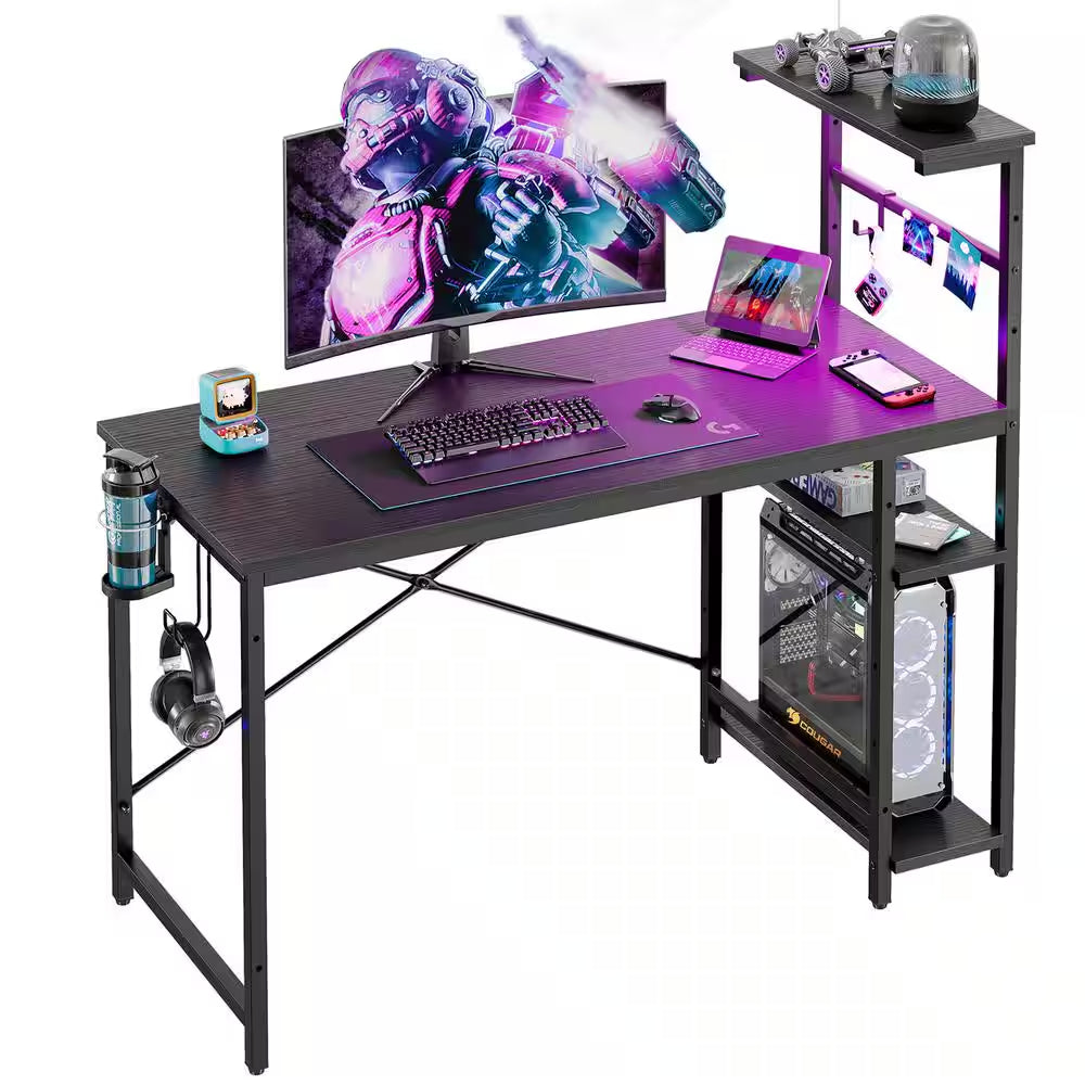 Level up your gaming setup with this sleek 44" Black Grained Desk featuring RGB LED lights and 4-tier storage! 🎮✨ #GamingDesk #SetupGoals