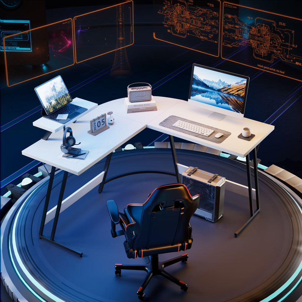 L-Shaped Gaming Desk 51.2 Inches Corner Office Gaming Desk with Removable Monitor Riser, Classical White