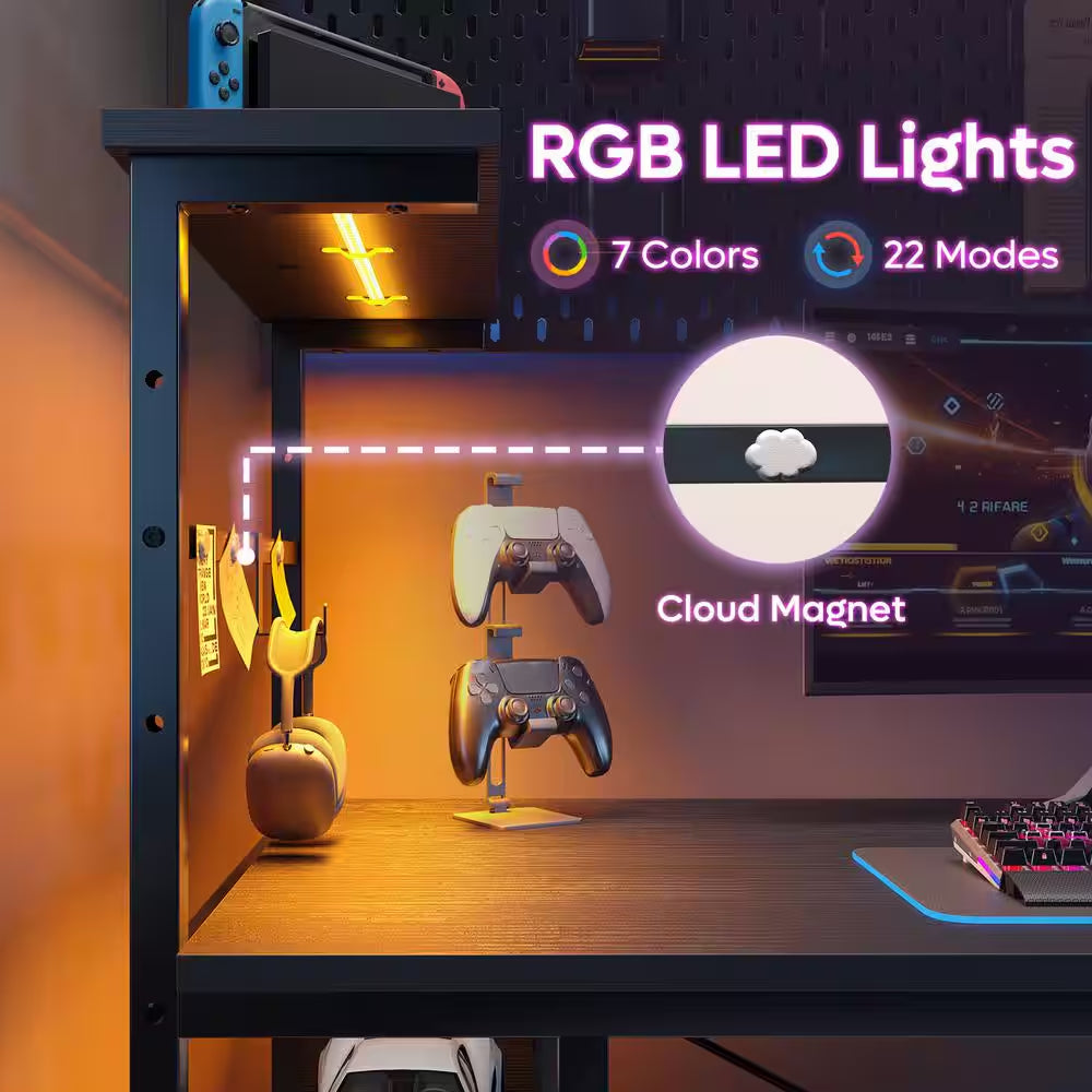 Level up your gaming setup with this sleek 44" Black Grained Desk featuring RGB LED lights and 4-tier storage! 🎮✨ #GamingDesk #SetupGoals