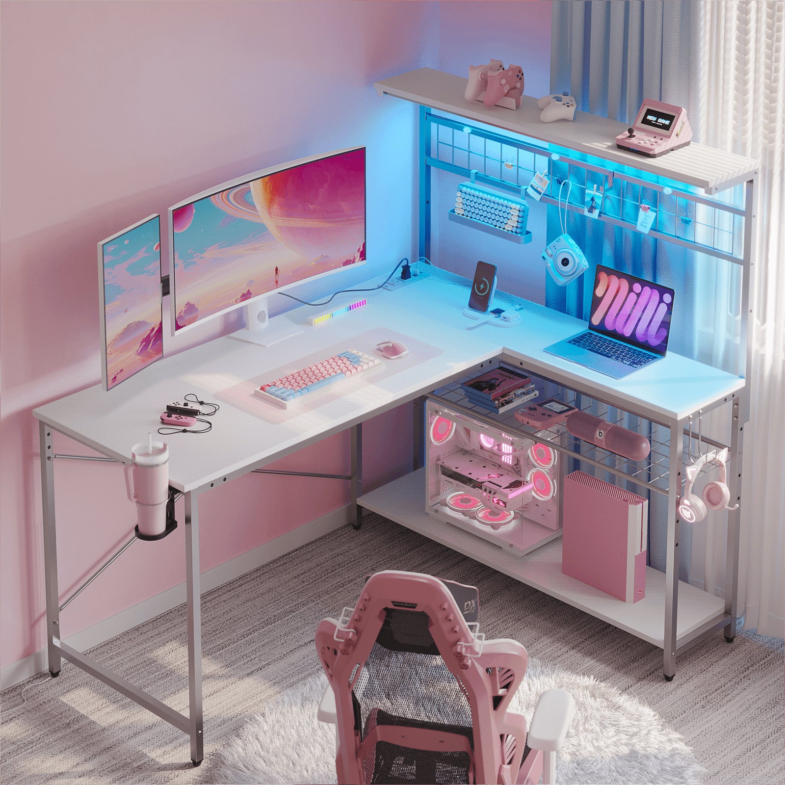 51 L Shaped Gaming Desk with Power Outlets, LED Workstation with 4 Tiers Shelves, Carbon Fiber White