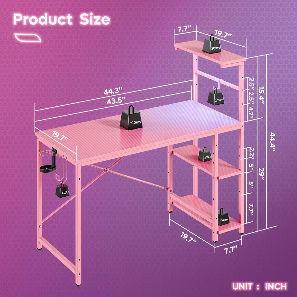 Level up your gaming setup with this 44" Pink Carbon Fiber Desk! 🌟✨ Featuring RGB LED lights, 4-tier storage, and a handy hook! 🎮💖 #GamingDesk #RGBLights #GamerStyle
