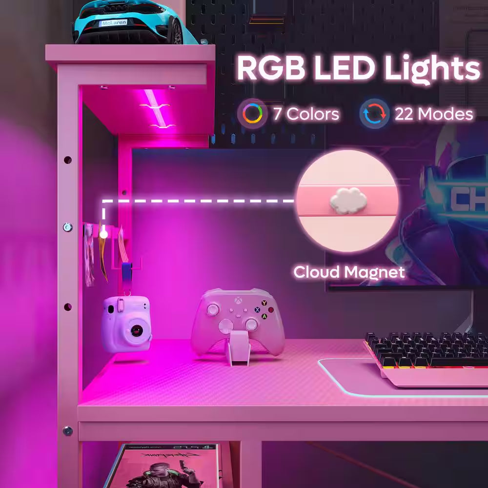 Level up your gaming setup with this 44" Pink Carbon Fiber Desk! 🌟✨ Featuring RGB LED lights, 4-tier storage, and a handy hook! 🎮💖 #GamingDesk #RGBLights #GamerStyle