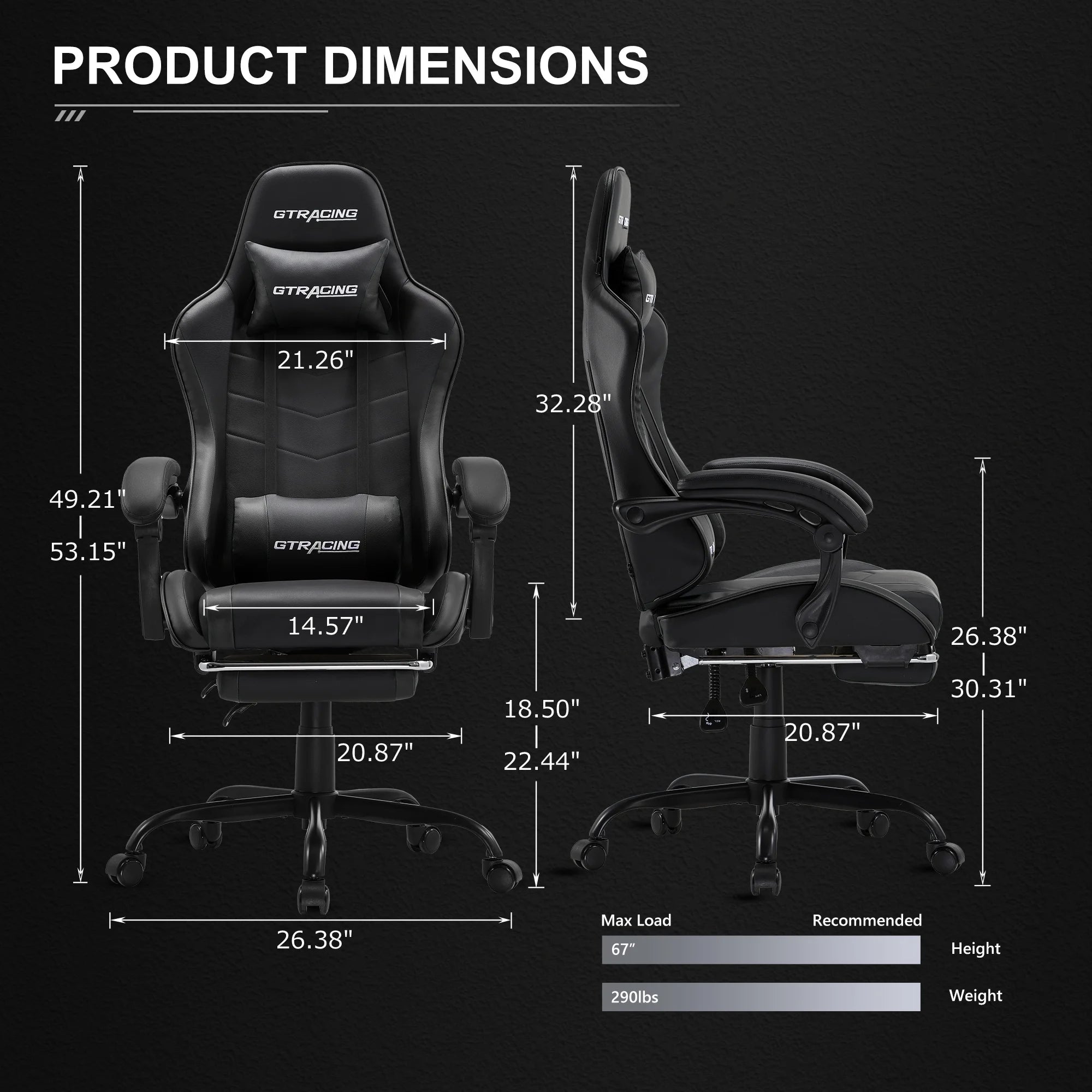 Ergonomic GTWD-200 Gaming and Office Chair with Adjustable Pillows and Footrest, Black