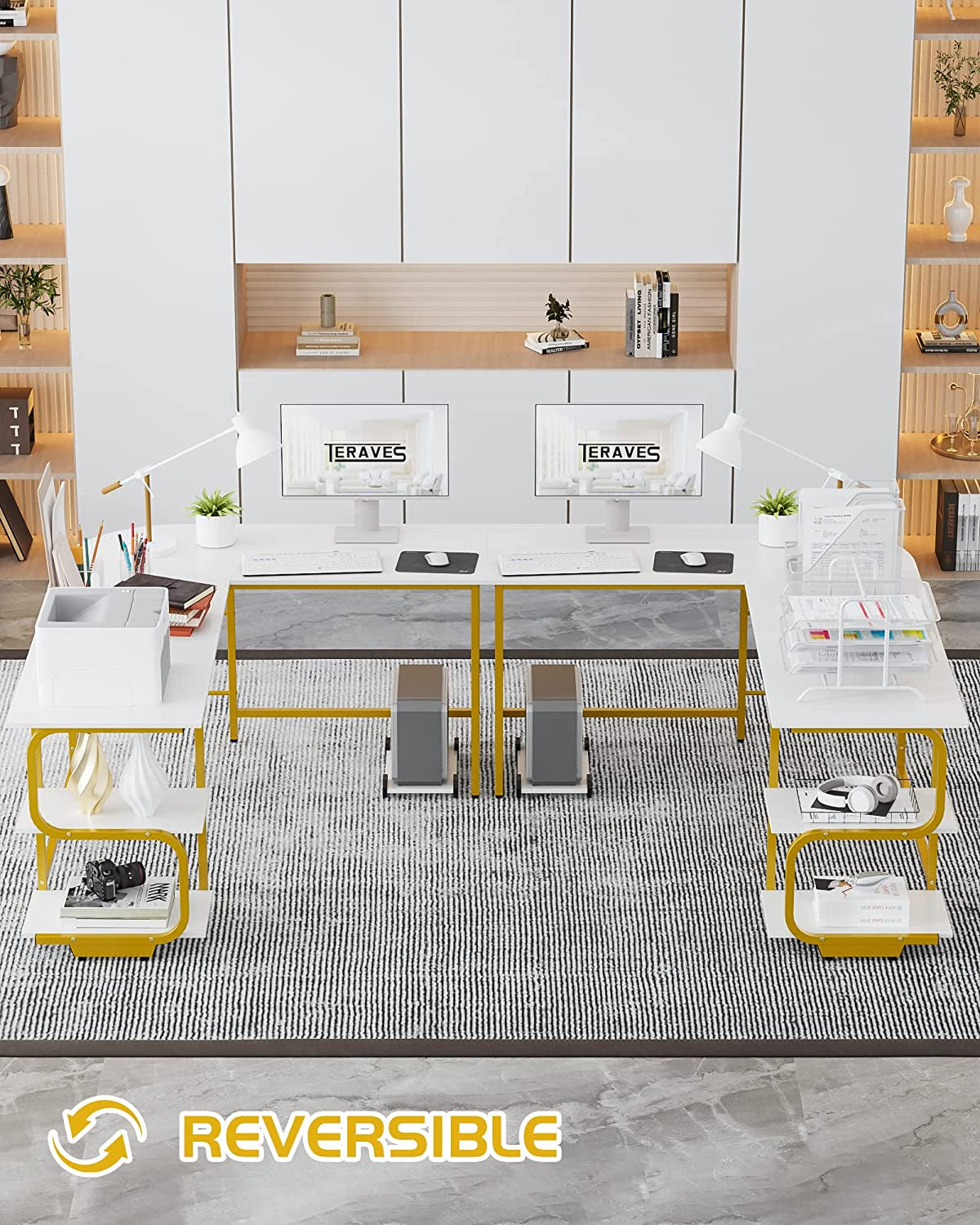 Reversible L Shaped Desk with Large Surface, 69 Inch Sturdy Corner Desk with Storage Shelves, Premium Office Computer Desk Workstation for Home Office Gaming
