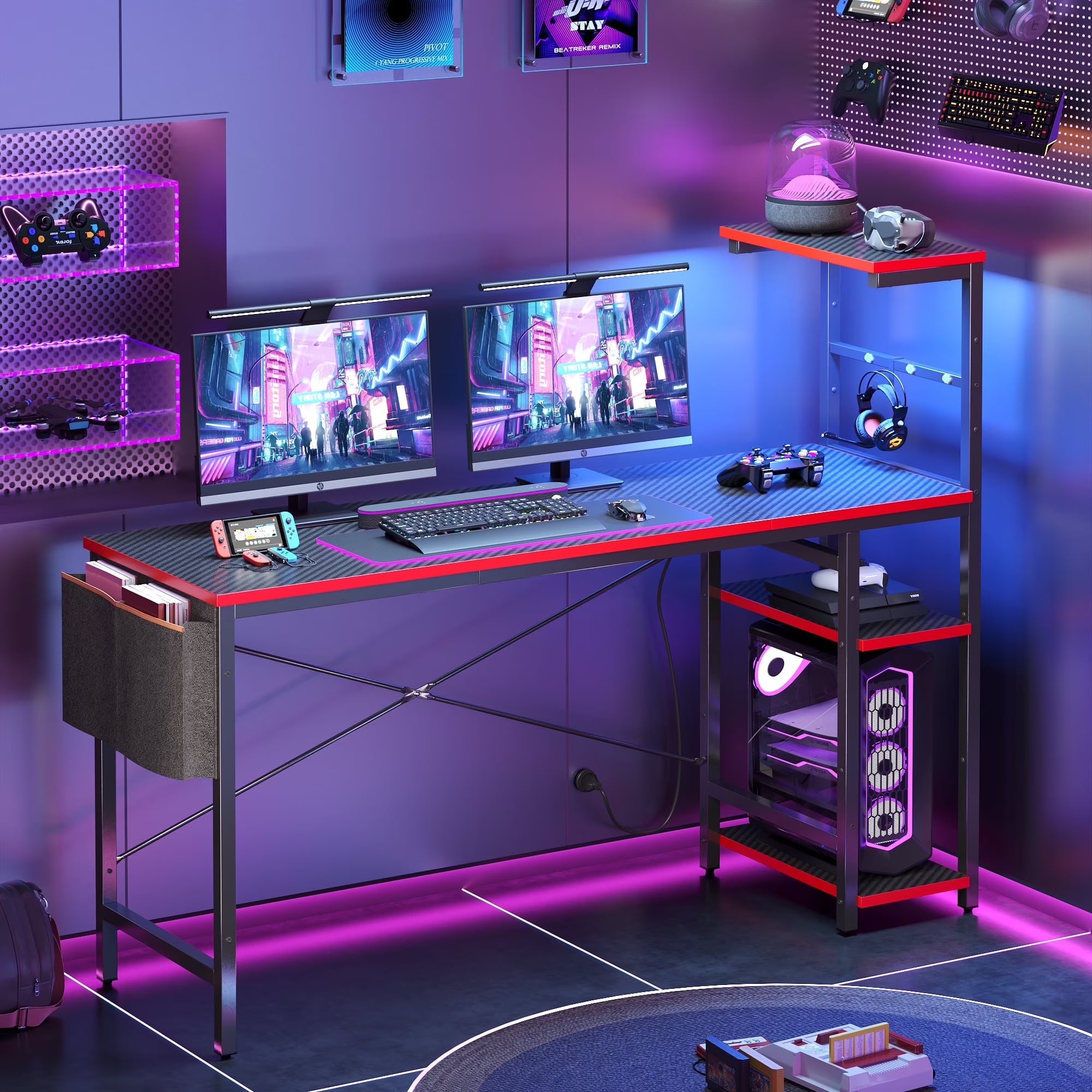 Level Up Your Gaming Setup: 61" Reversible Desk with LED Lights & PC Shelf!