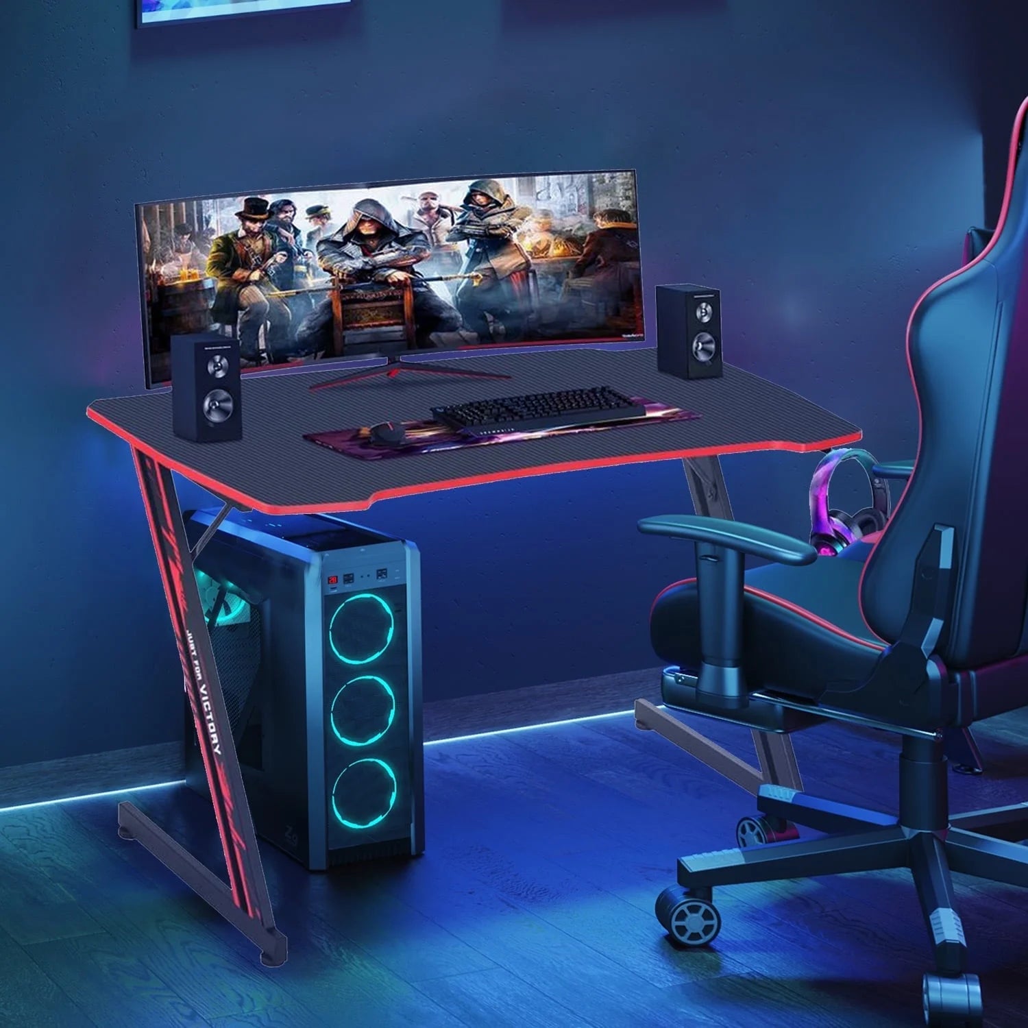 Upgrade Your Gaming Space with Our Stylish Z-Shaped Desk Featuring a Headphone Hook in Cool Blue/Red! 🎮✨