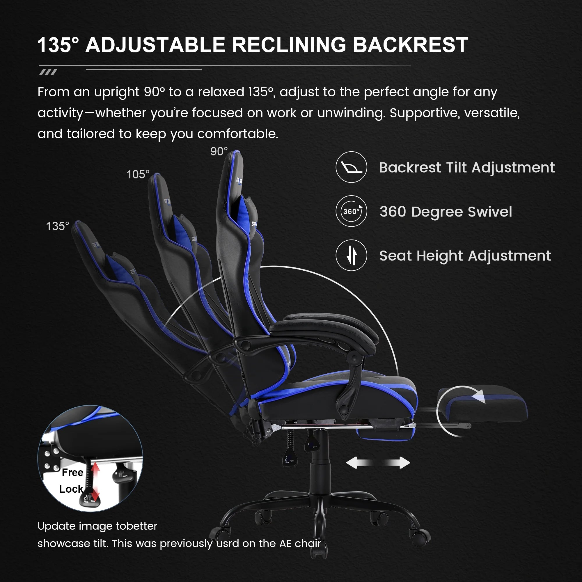 Ergonomic GTWD-200 Gaming and Office Chair with Adjustable Pillows and Footrest, Blue