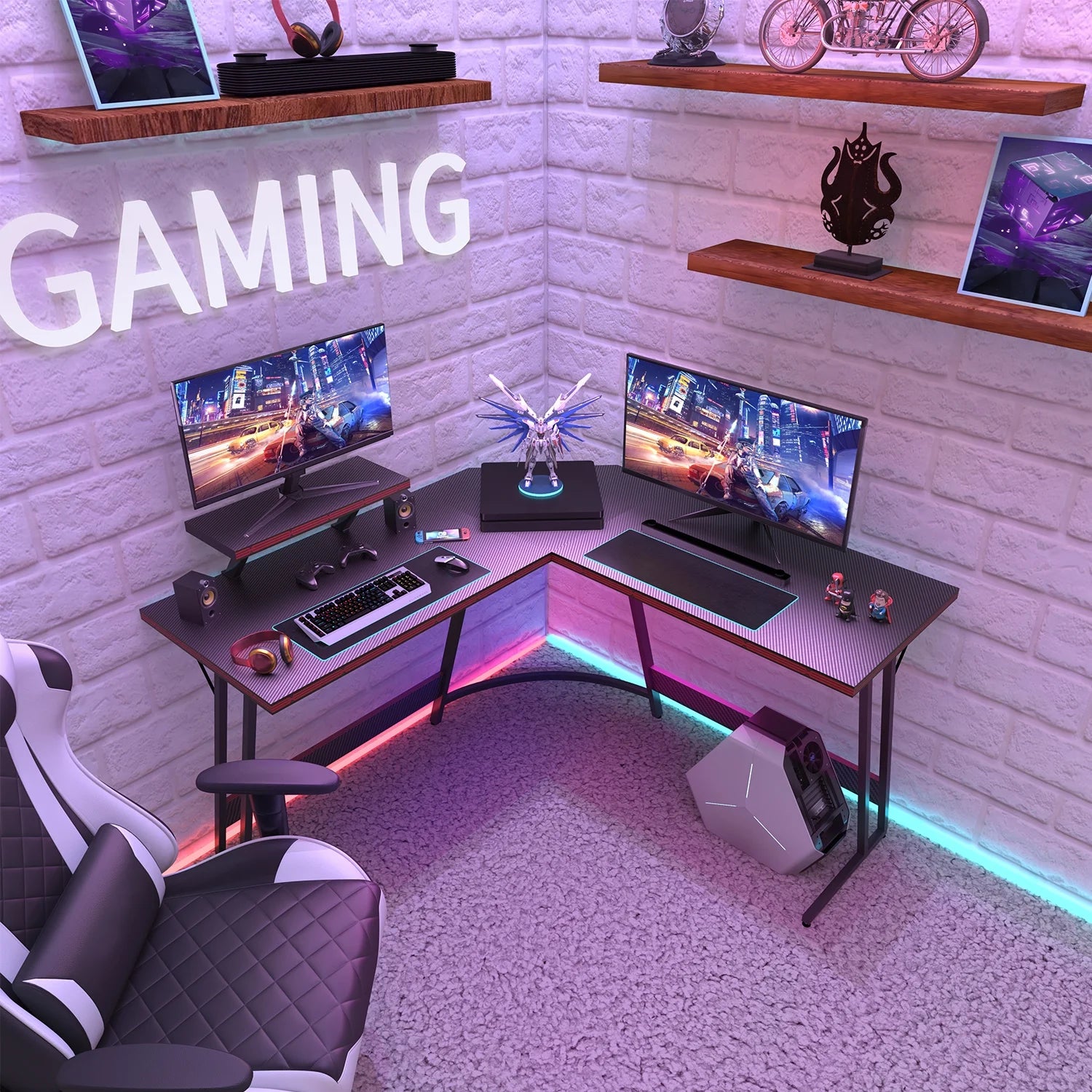 Level up your gaming setup with this sleek 51.2" L-Shaped Carbon Fiber Gaming Desk! Perfect for your corner space in stylish black! 🖤🎮 #GamingDesk #GamerSetup