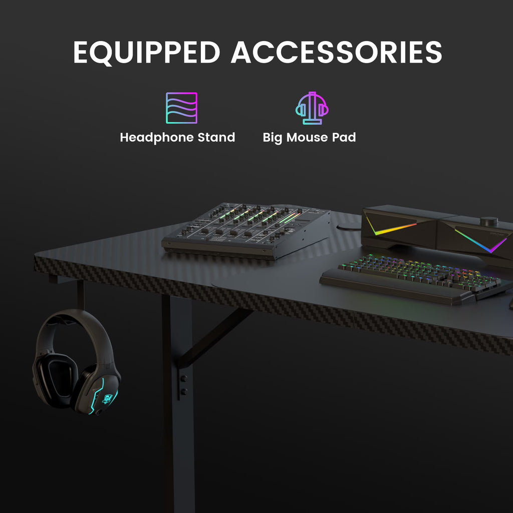 GTRACING 55" Large RGB Sturdy Gaming Desk with Mouse Pad T-Shaped Office Chair Computer Desk Spacious Work Surface Table, Black