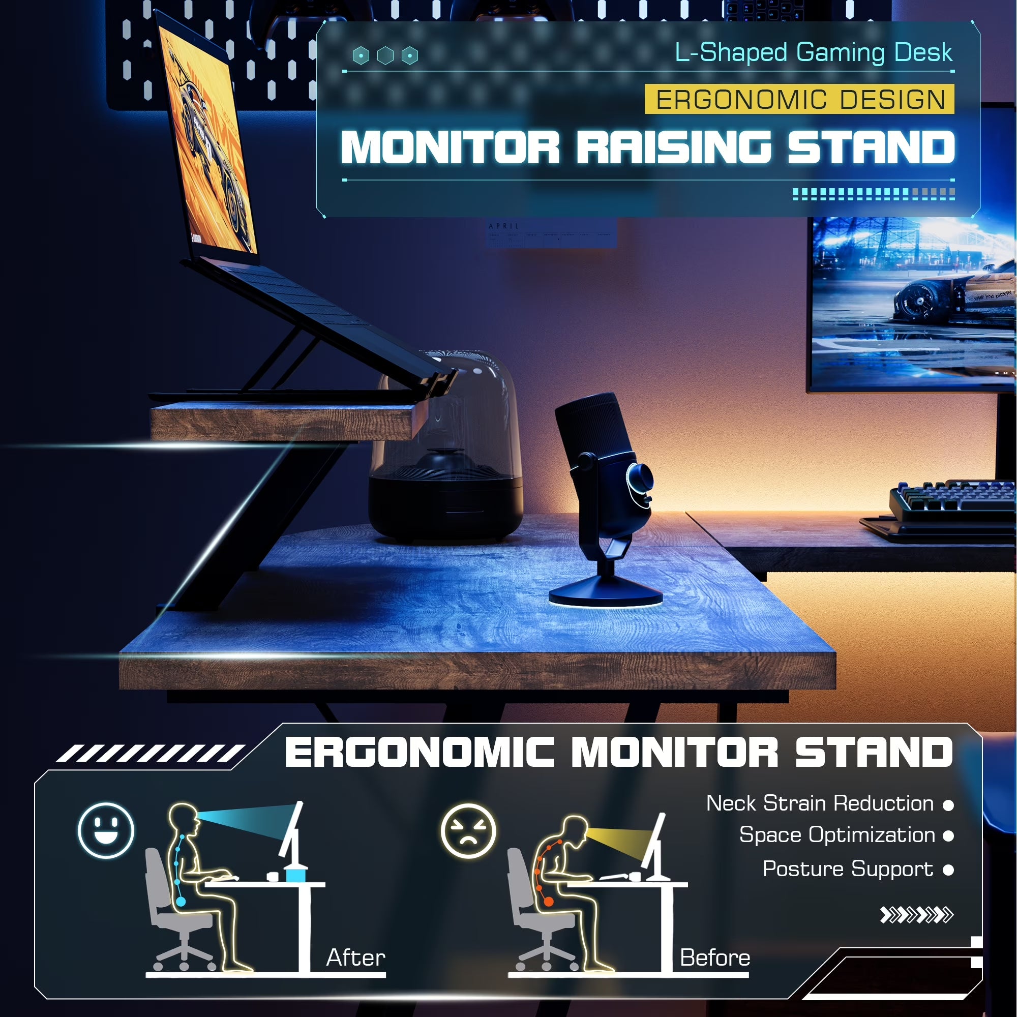 L-Shaped Gaming Desk 51.2 Inches Corner Office Gaming Desk with Removable Monitor Riser, Classical Brown