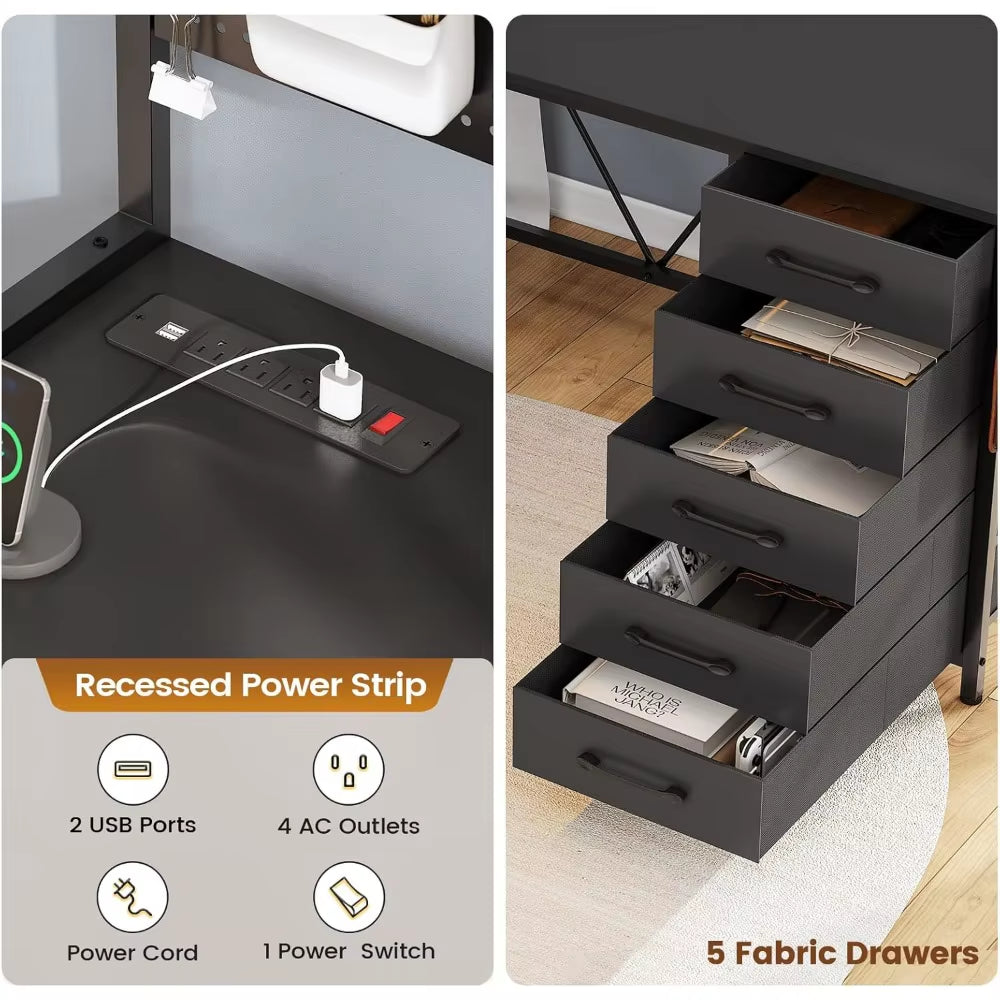 L Shaped Gaming Desk with Drawers, L Shaped Computer Desk with Hutch and Storage Shelves, Gaming Desk with Pegboard, Led Lights