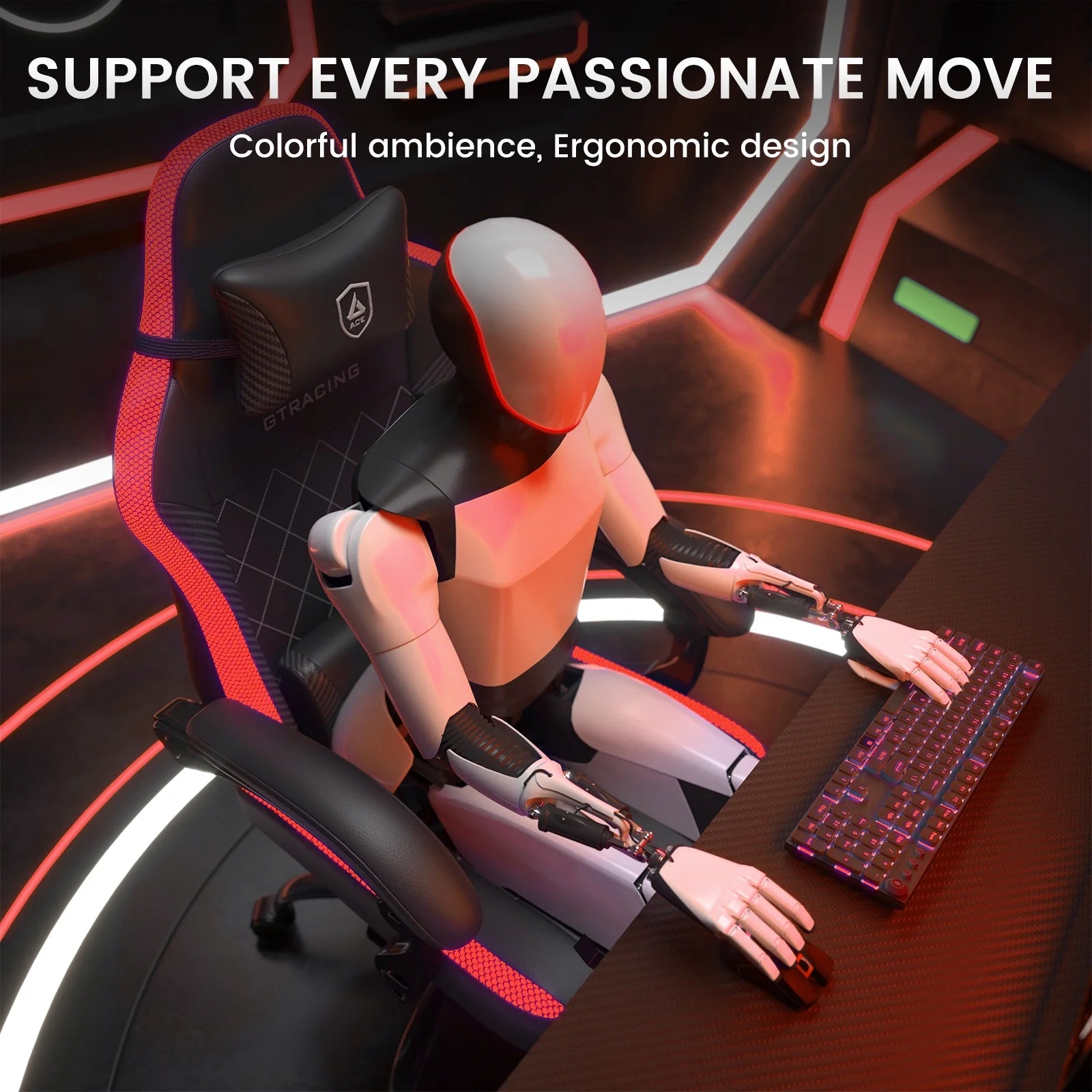 RGB Ergonomic Gaming Chair with Massage, LED Lights, Footrest, Lumbar Support, Black