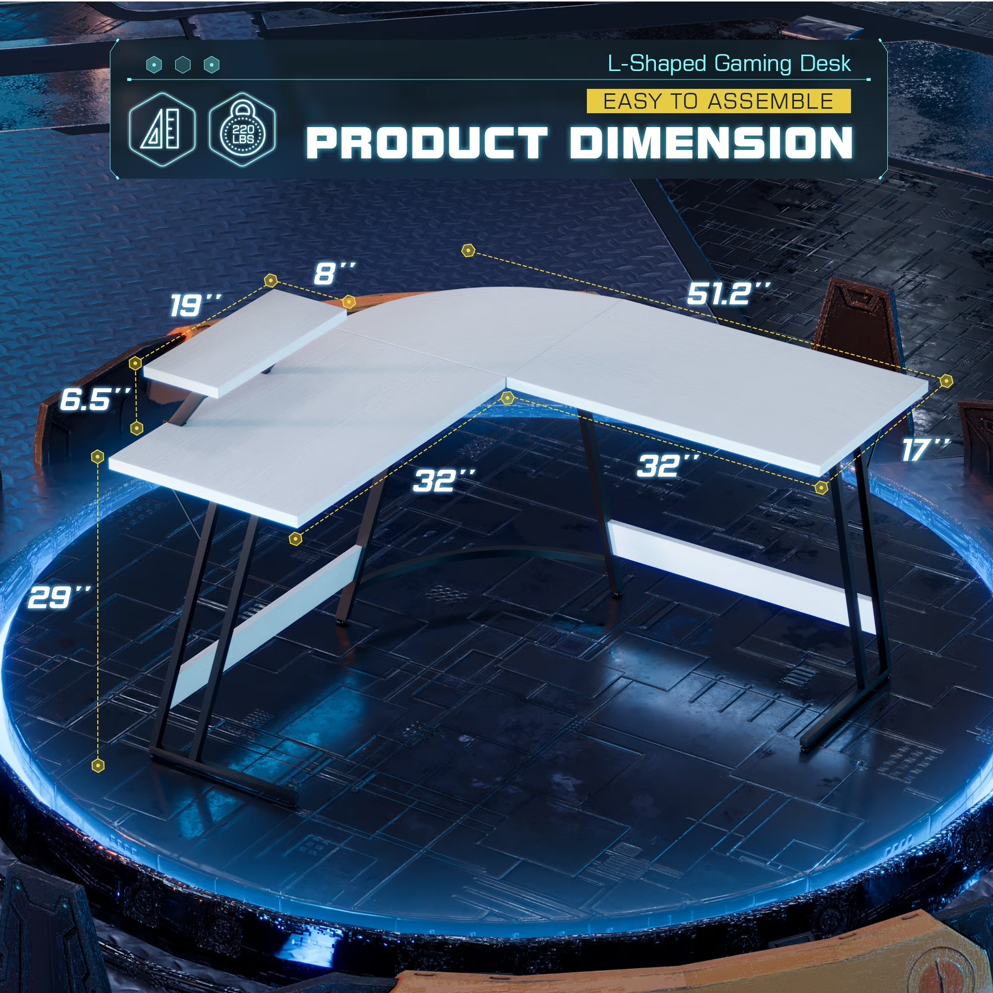 L-Shaped Gaming Desk 51.2 Inches Corner Office Gaming Desk with Removable Monitor Riser, Classical White