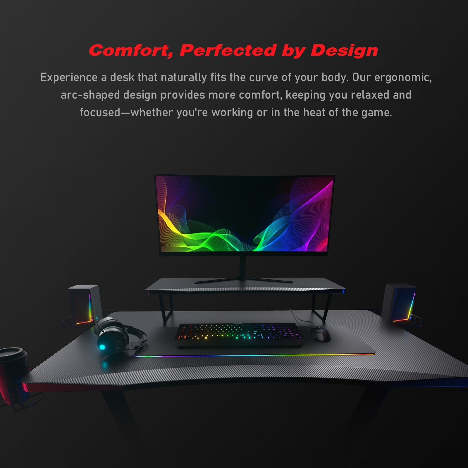 Level up your gaming setup with our sleek Ergonomic Curved LED Z-Leg Desk in Black! 🖤🎮✨