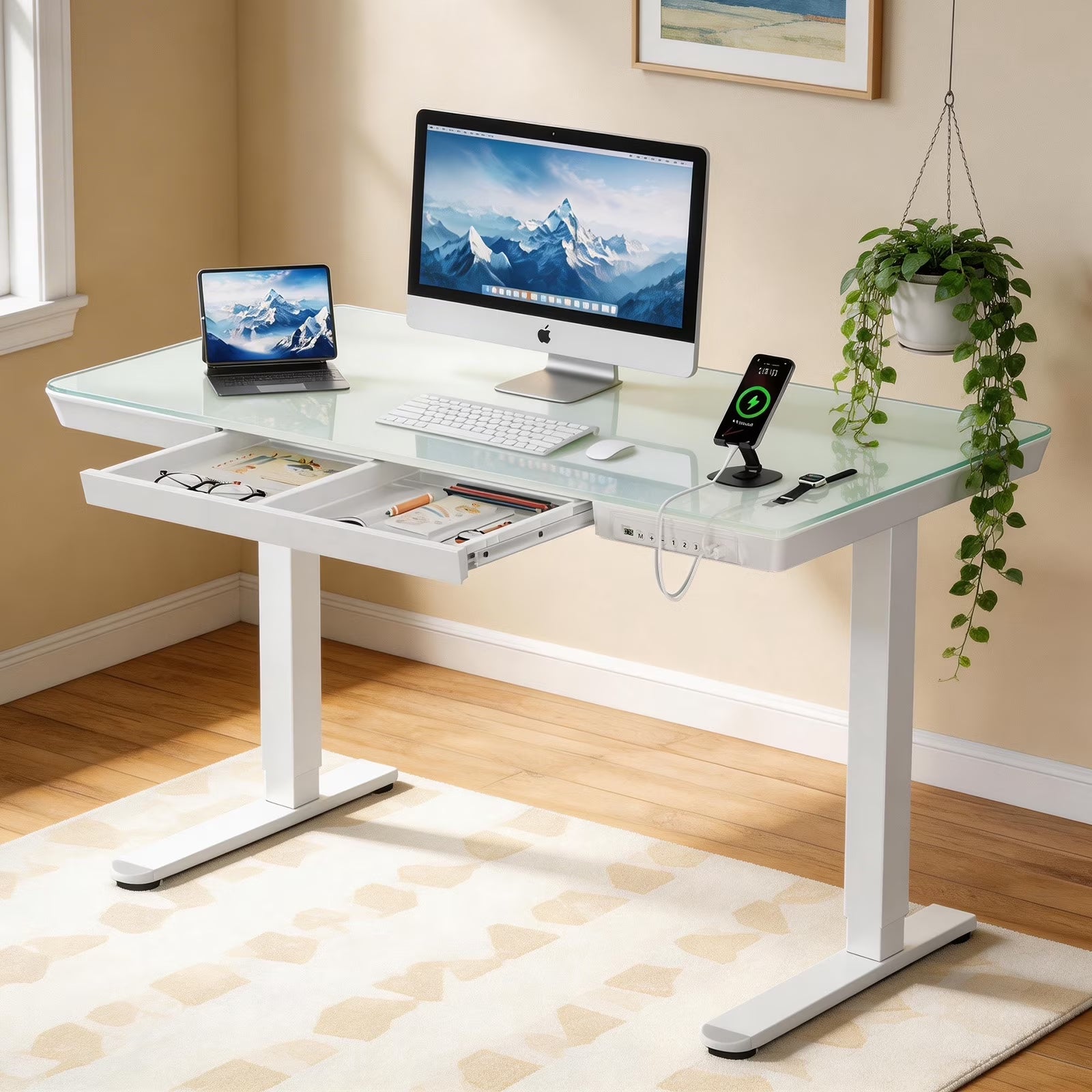 Glass Top Electric Standing Desk with Drawer, 55'' X 28'' Electric Height Adjustable Desk with USB Charging Ports, Sit Stand up for Home Office