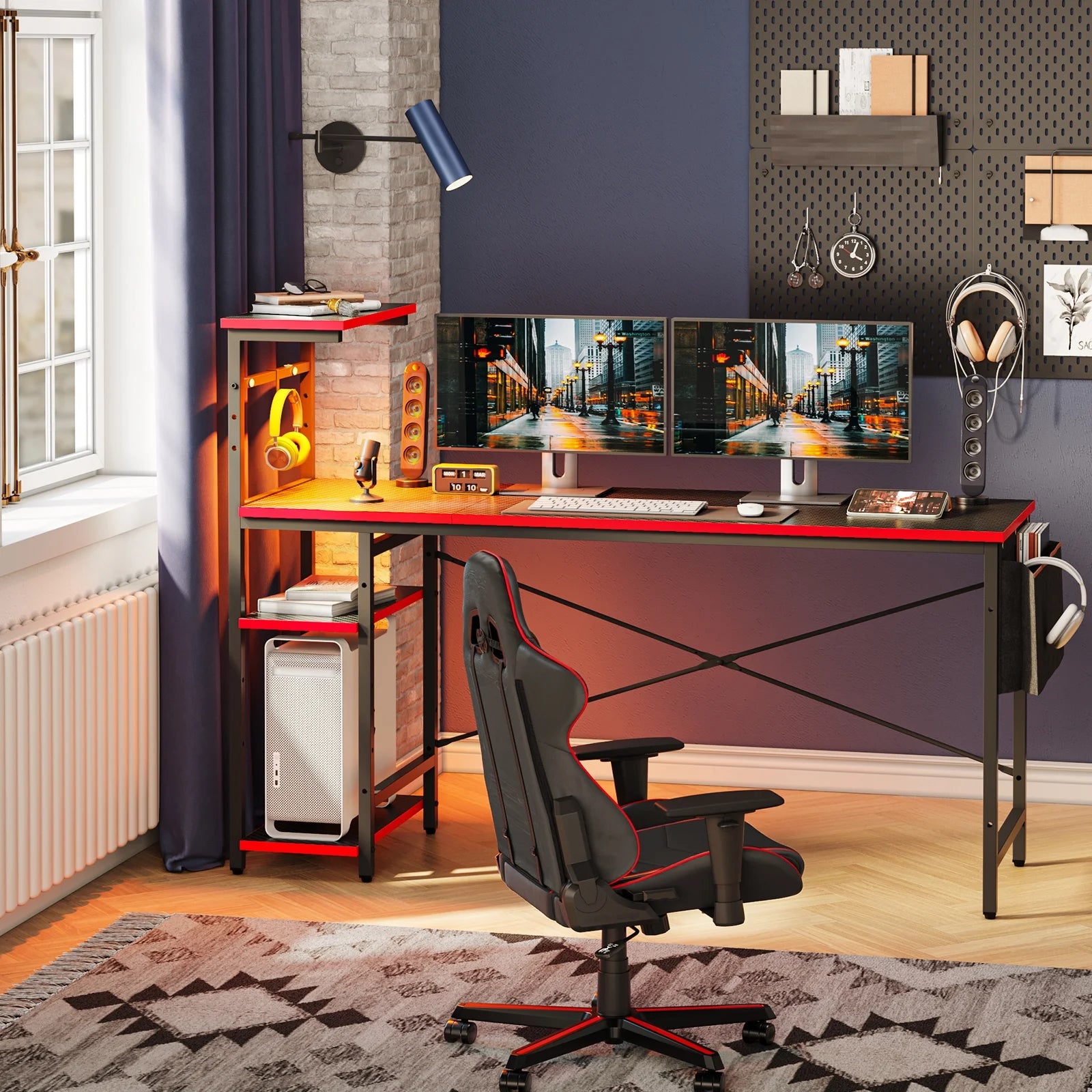 Level Up Your Gaming Setup: 61" Reversible Desk with LED Lights & PC Shelf!