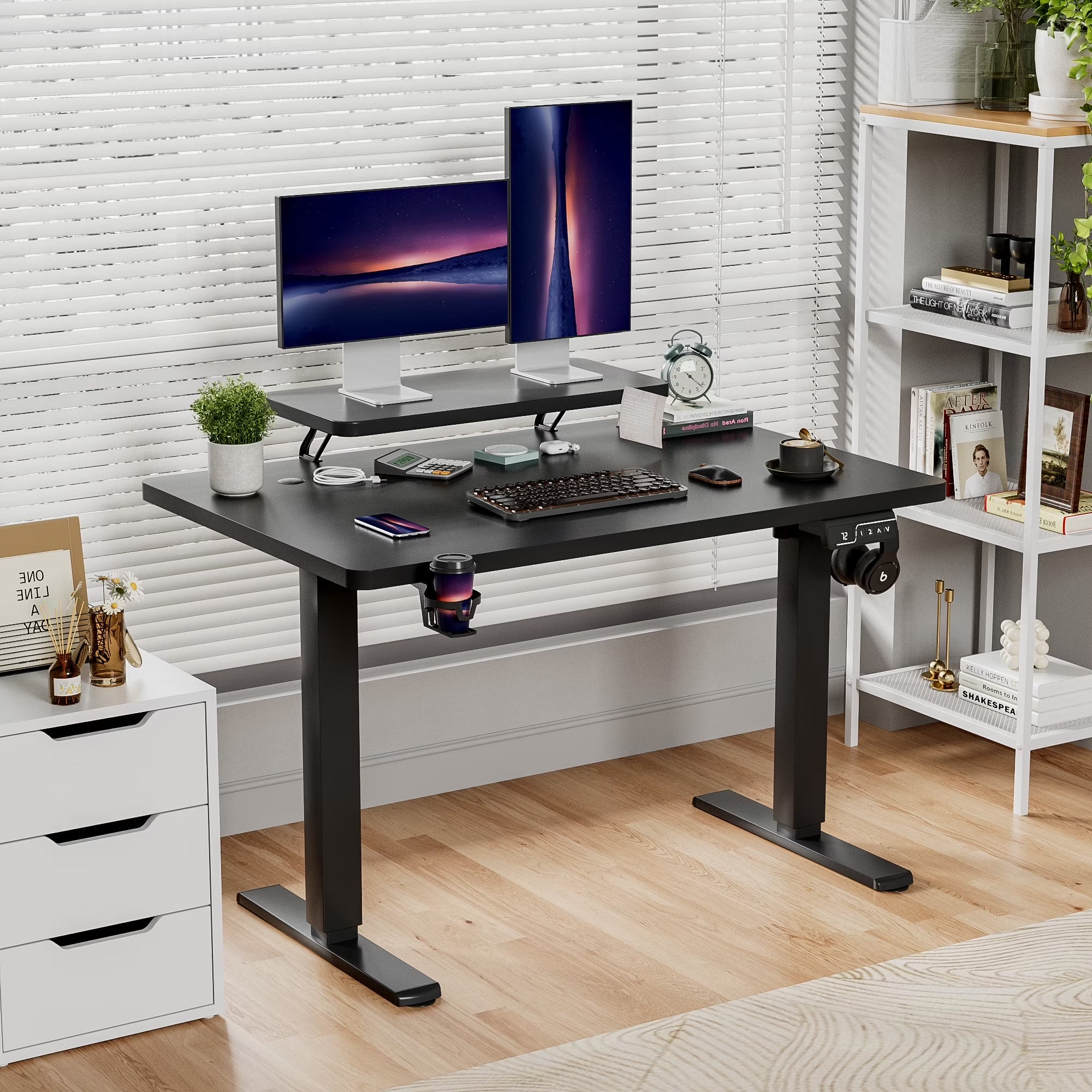 47" Wide Home Office Electric Height Adjustable Standing Desk Lifting Range 28~46" Computer Desk with Monitor Stand,Black