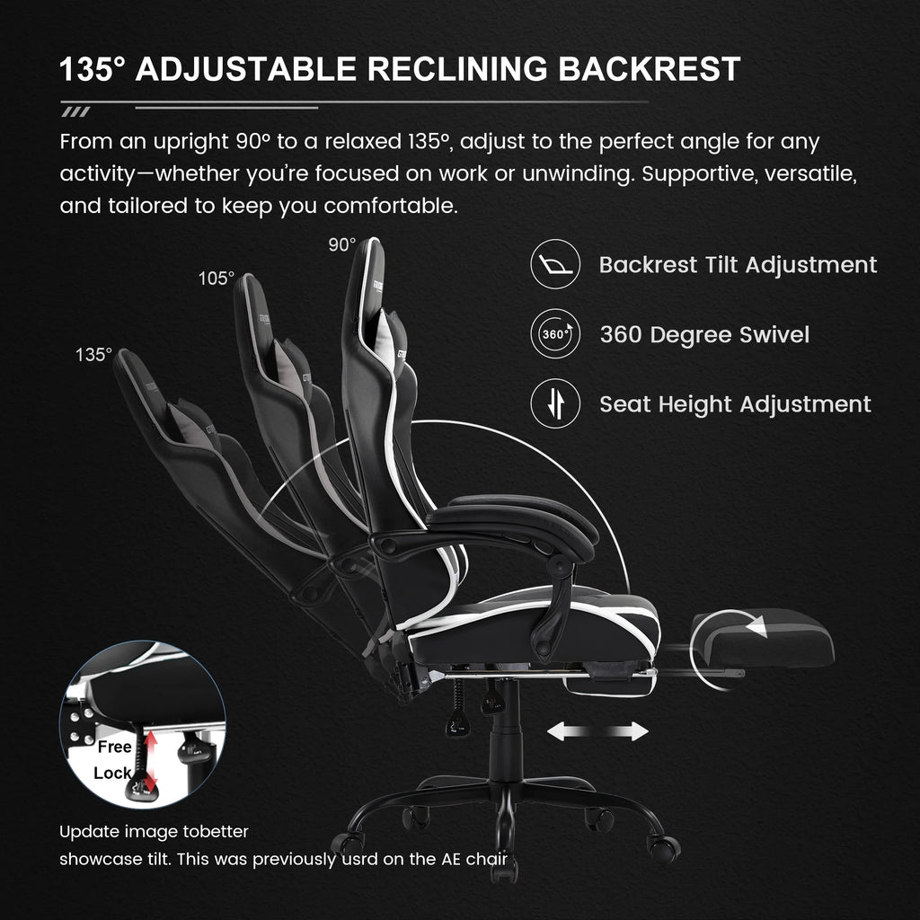 Ergonomic GTWD-200 Gaming and Office Chair with Adjustable Pillows and Footrest, White