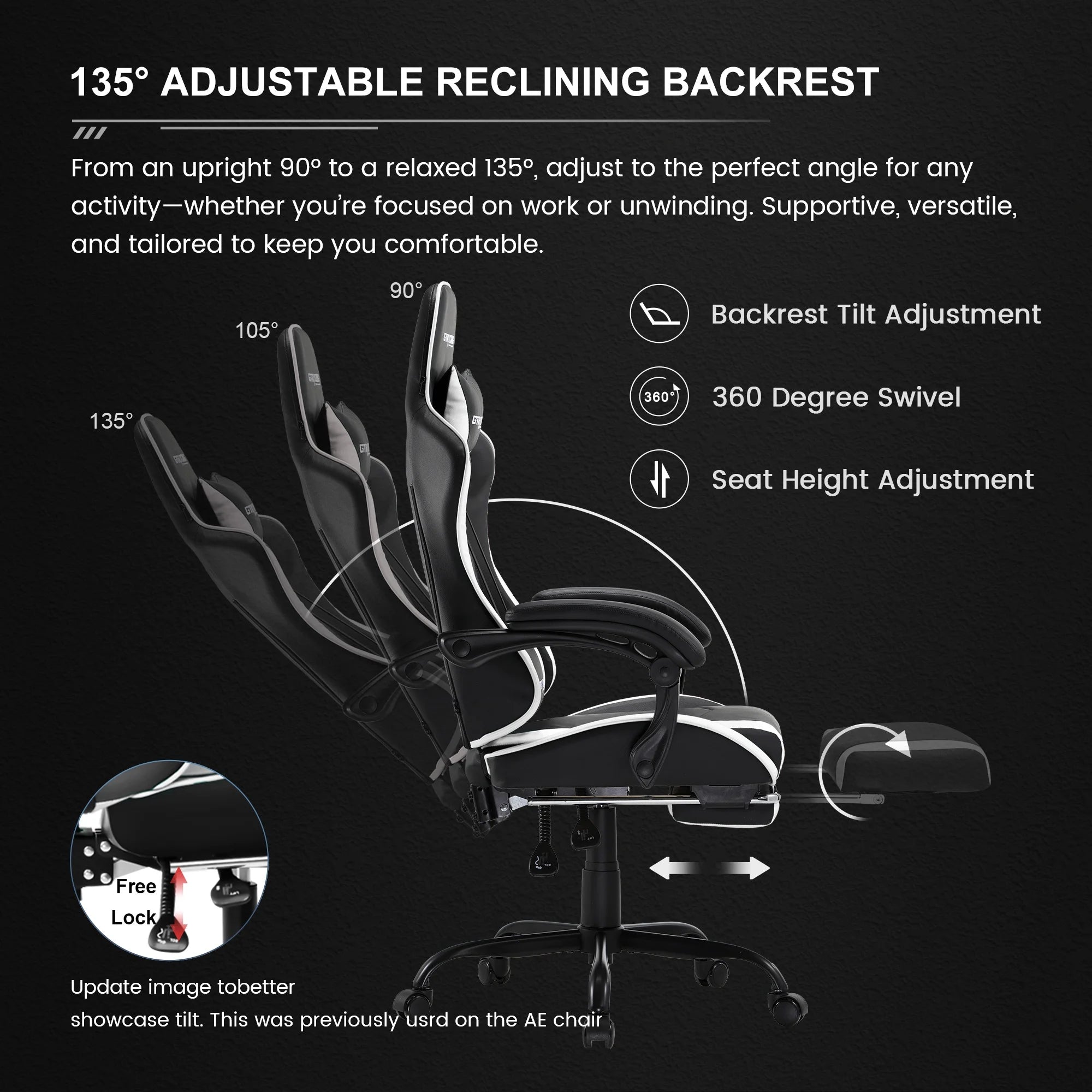 Ergonomic GTWD-200 Gaming and Office Chair with Adjustable Pillows and Footrest, White