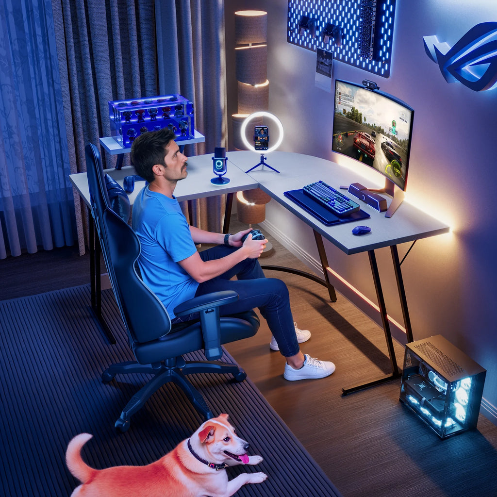 L-Shaped Gaming Desk 51.2 Inches Corner Office Gaming Desk with Removable Monitor Riser, Classical White