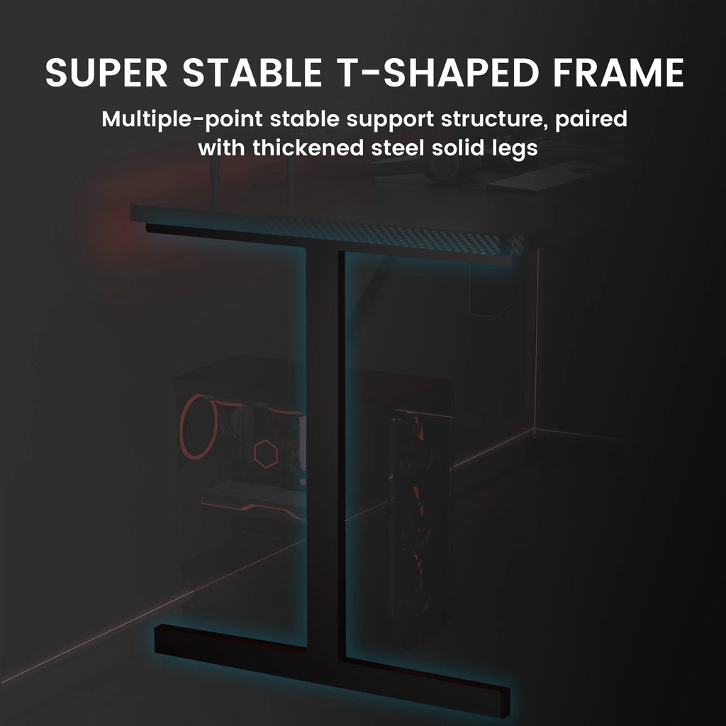 GTRACING 55" Large RGB Sturdy Gaming Desk with Mouse Pad T-Shaped Office Chair Computer Desk Spacious Work Surface Table, Black