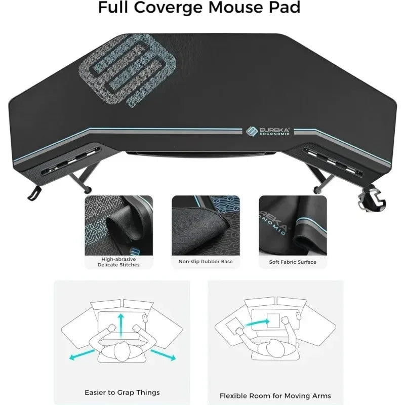 Aero Gaming Desk with Led Lights, 72" Large Wing-Shaped Studio Desk W Keyboard Tray Monitor Stand Dual Headphon