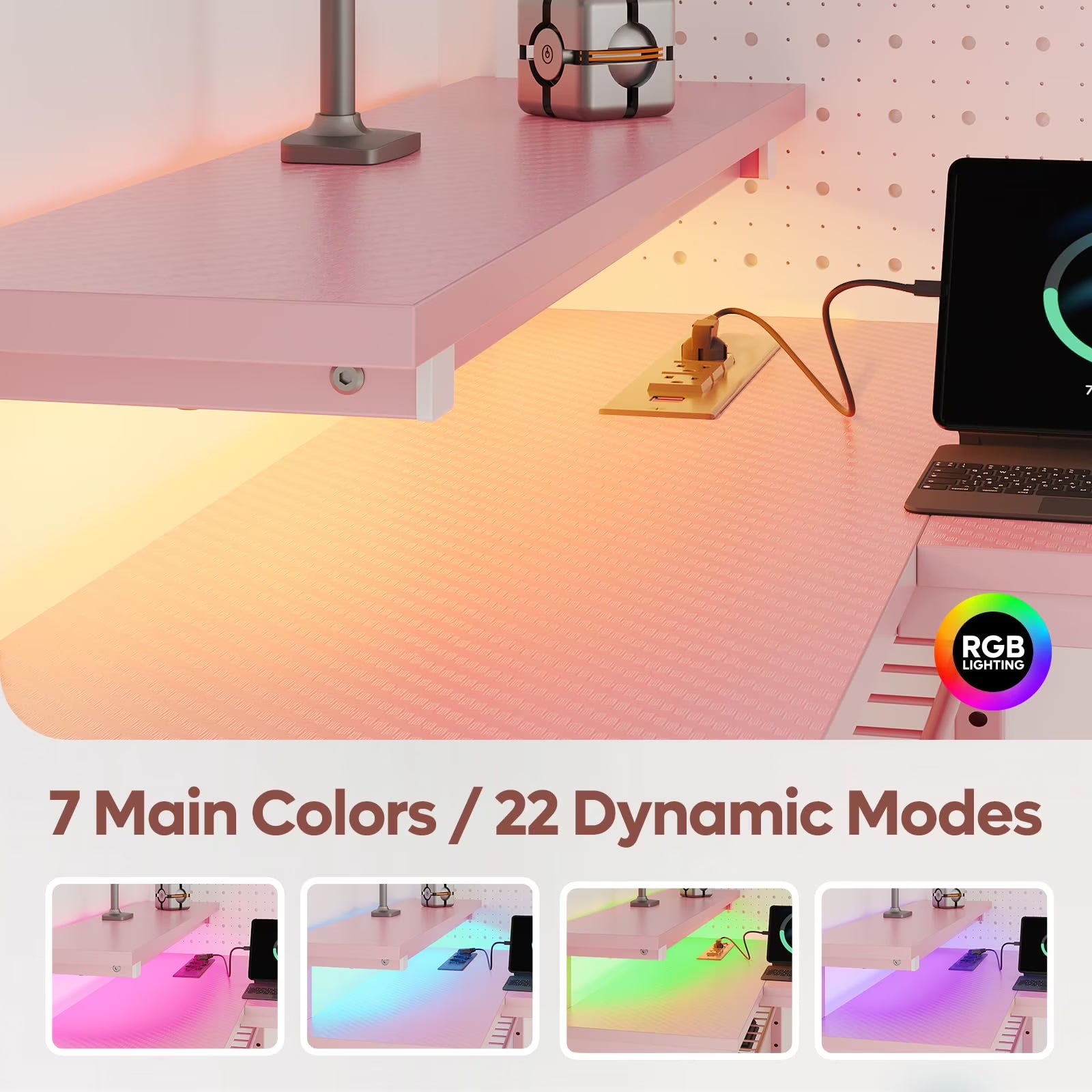 42" L Shaped Computer Desk with Power Outlets, Corner Office Desk with LED Lights & Monitor Stand, Reversible Shelves, Corner Desk for Small Spaces ,Bedrooms & Home, Carbon Fiber Pink