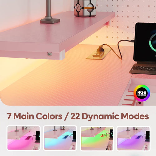 42" L Shaped Computer Desk with Power Outlets, Corner Office Desk with LED Lights & Monitor Stand, Reversible Shelves, Corner Desk for Small Spaces ,Bedrooms & Home, Carbon Fiber Pink