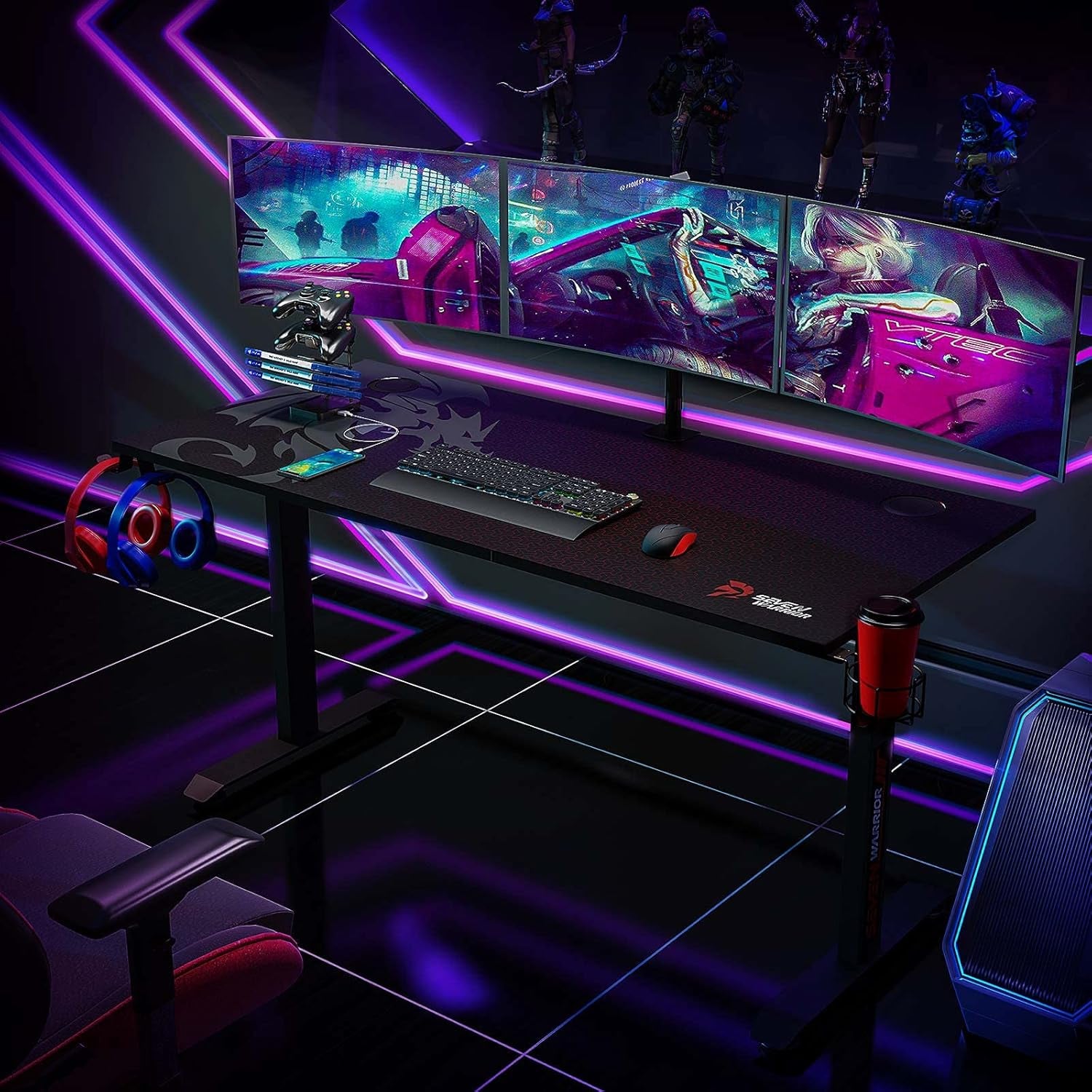 Gaming Desk 55’’, T-Shaped Carbon Fiber Surface Computer Desk with Full Mouse Pad, Gamer Desk with Headphone Hook, USB Rack, Cup Holder