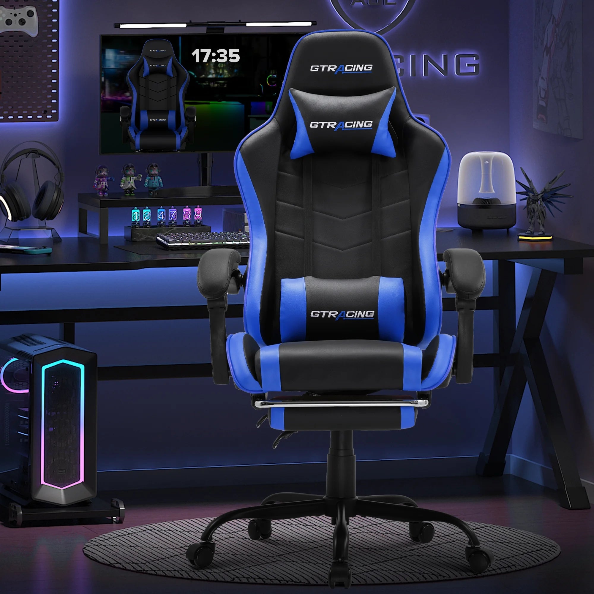 Ergonomic GTWD-200 Gaming and Office Chair with Adjustable Pillows and Footrest, Blue