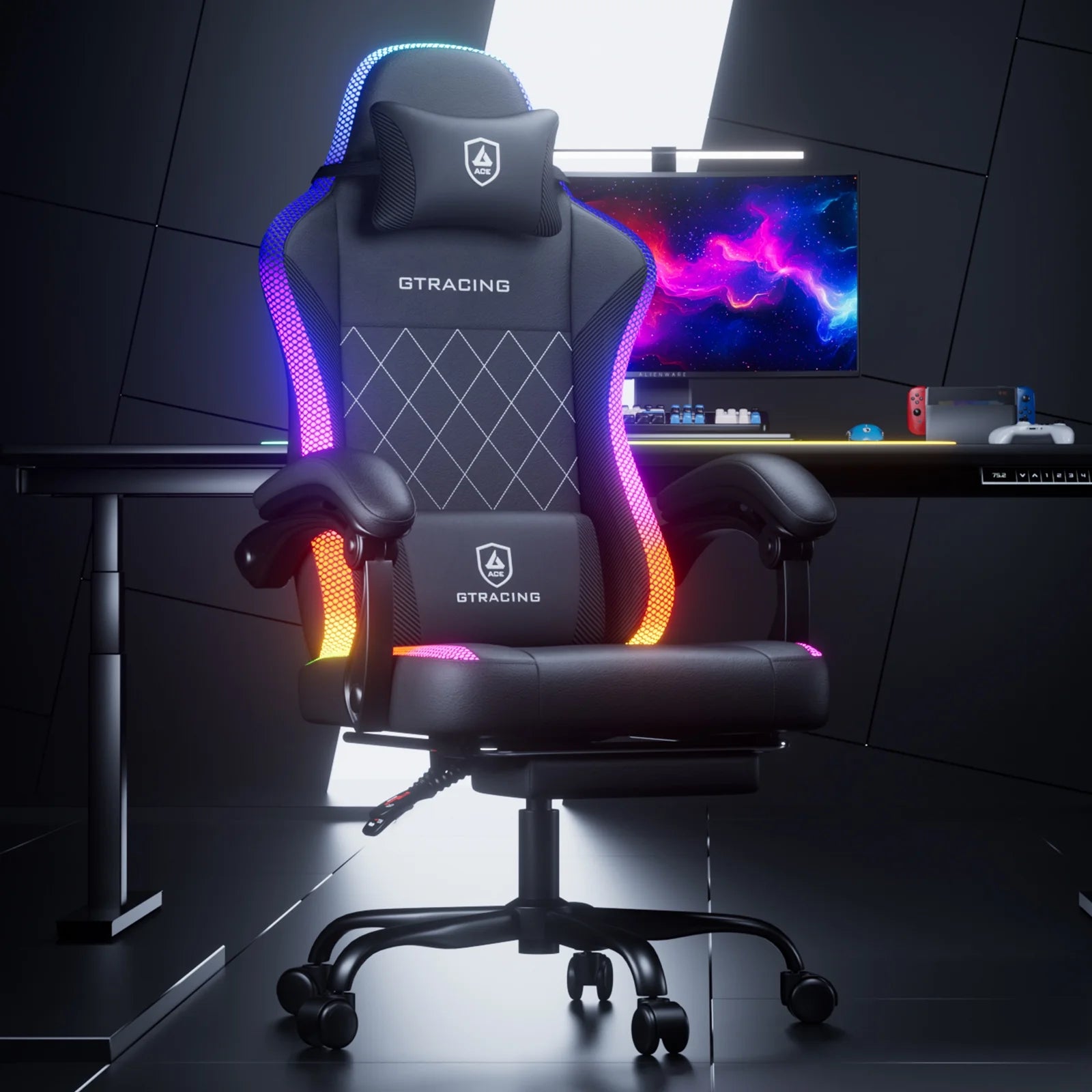 RGB Ergonomic Gaming Chair with Massage, LED Lights, Footrest, Lumbar Support, Black