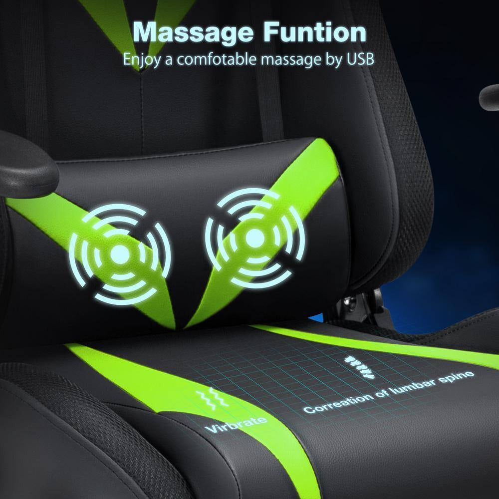 Level up your gaming setup with our sleek Green Faux Leather Massage Reclining Chair! 🎮✨ Enjoy Bluetooth speakers and adjustable armrests for ultimate comfort! #GamingChair #ErgonomicDesign #BluetoothSpeakers