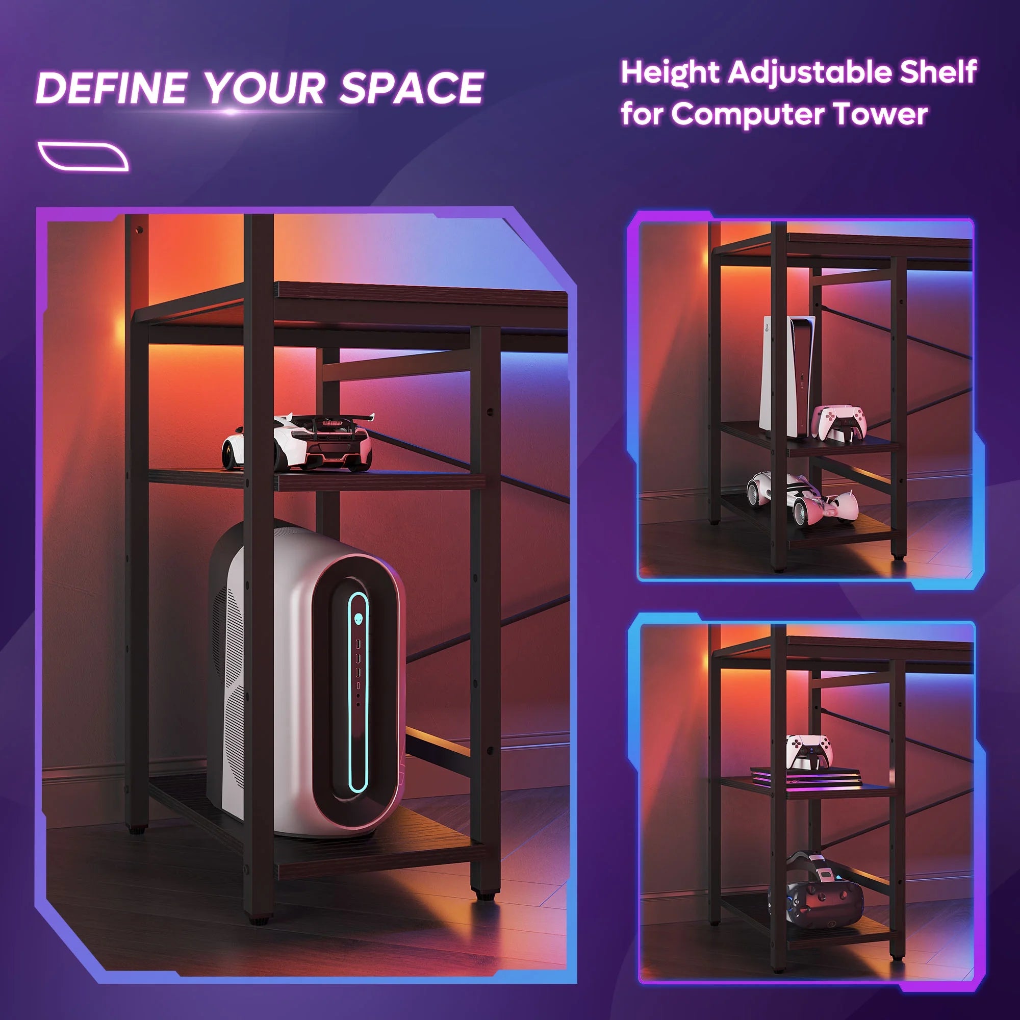 Transform your gaming space with this stylish 61" Reversible Desk, complete with LED lights and 4 roomy shelves! 🖥️✨ #GamingDesk #HomeOffice #LEDLighting
