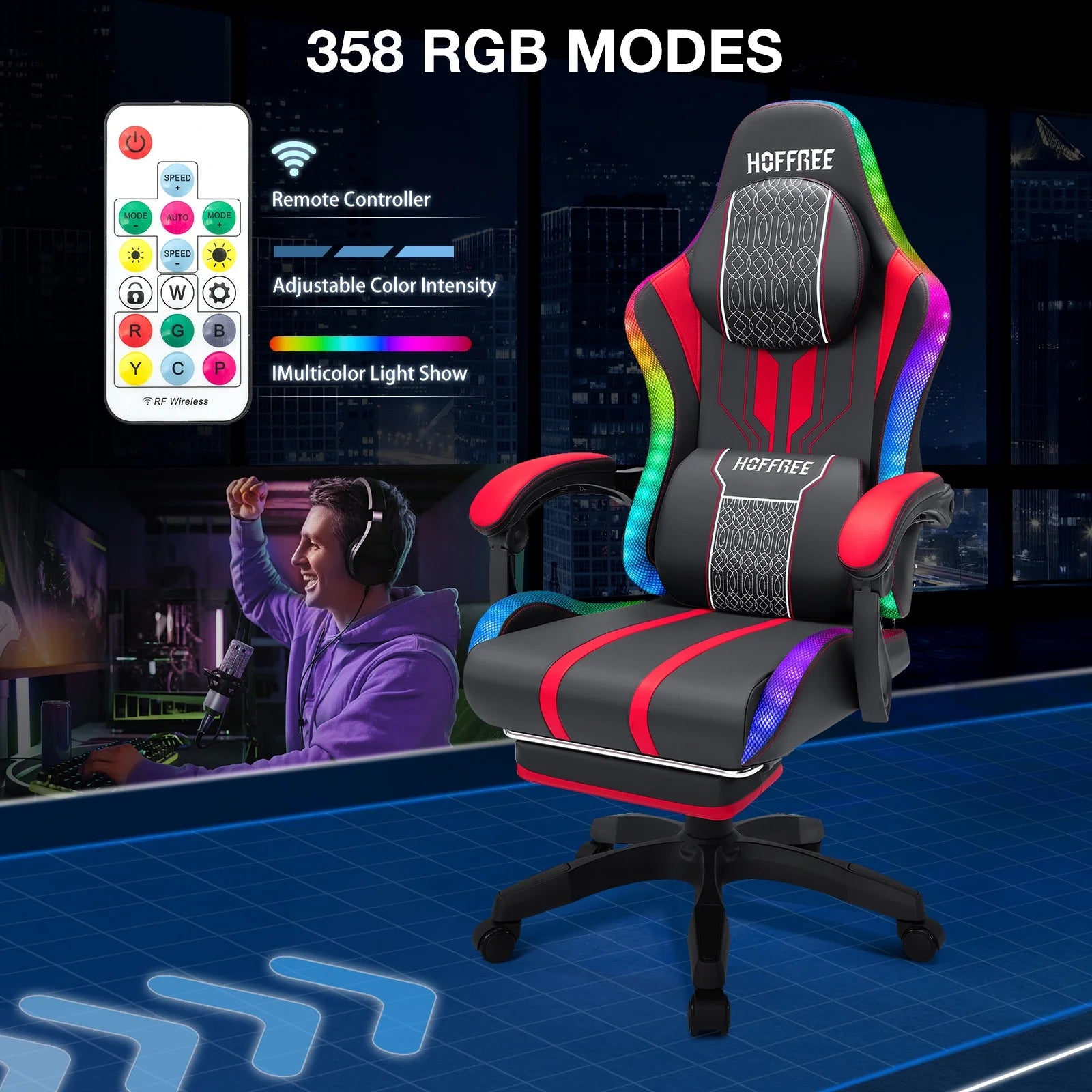 Big and Tall Gaming Chair with Speakers Office Chair with Footrest Heavy Duty Gamer Chair with Lumbar Support Height Adjustable 360-Swivel Seat and Headrest for Adults, 400Lbs