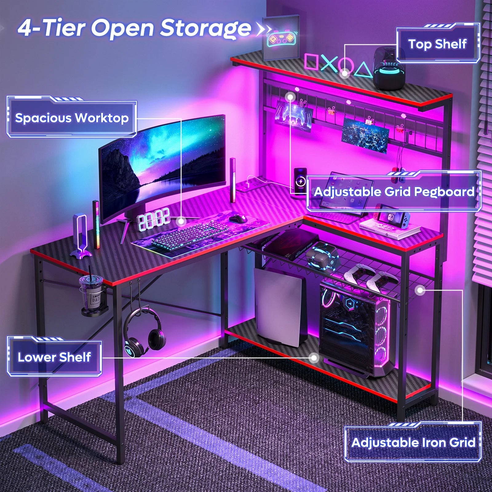 Level Up Your Gaming Setup! 🎮🖥️ Check out this sleek 51" L-Shaped Desk with Power Outlets & LED Lighting! Perfect for gamers and home office warriors! 🖤 #GamingDesk #HomeOffice #GamerEssentials