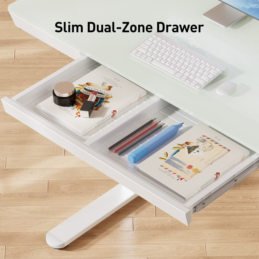 Glass Top Electric Standing Desk with Drawer, 55'' X 28'' Electric Height Adjustable Desk with USB Charging Ports, Sit Stand up for Home Office