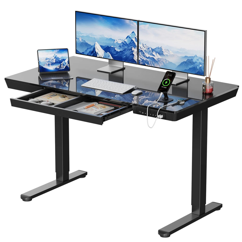 Glass Top Electric Standing Desk with Drawer, 48'' X 24'' Electric Height Adjustable Desk with USB Charging Ports, Sit Stand up for Home Office