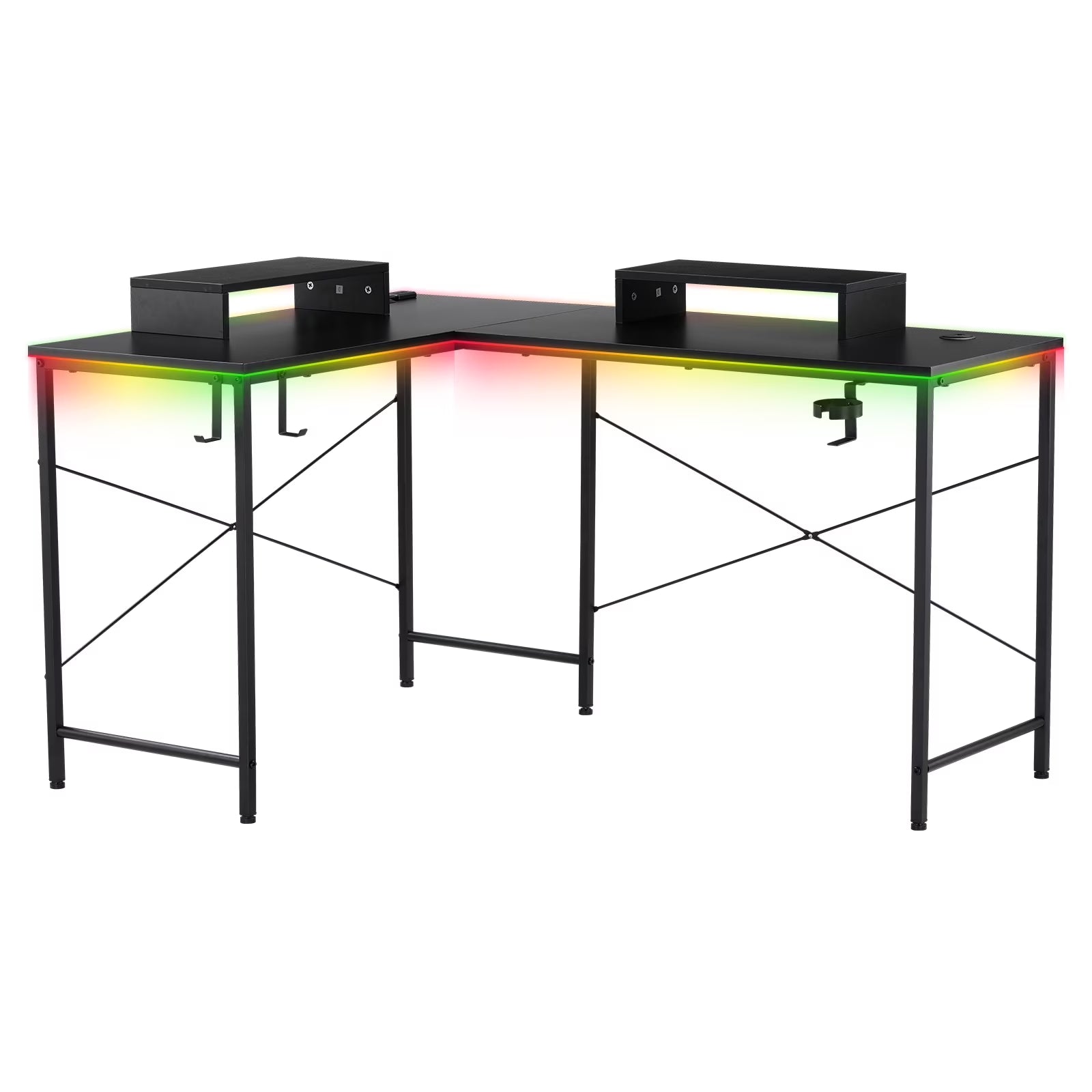 Level up your gaming setup with our sleek L-Shaped Desk featuring RGB lights and removable storage! 🖤✨ #GamingDesk #RGB #GameOn