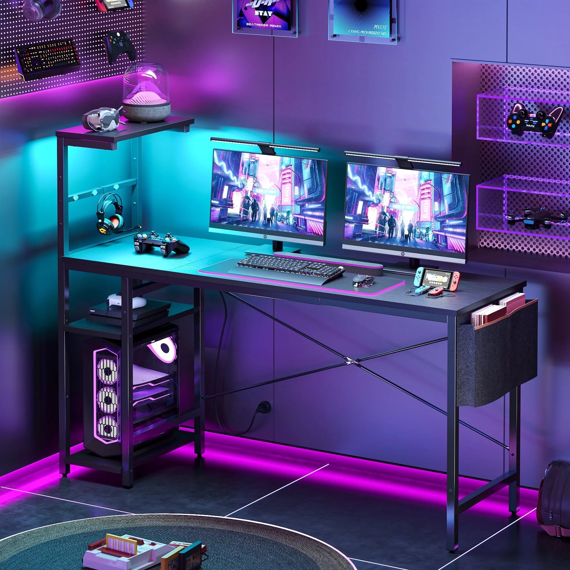 Transform your gaming space with this stylish 61" Reversible Desk, complete with LED lights and 4 roomy shelves! 🖥️✨ #GamingDesk #HomeOffice #LEDLighting