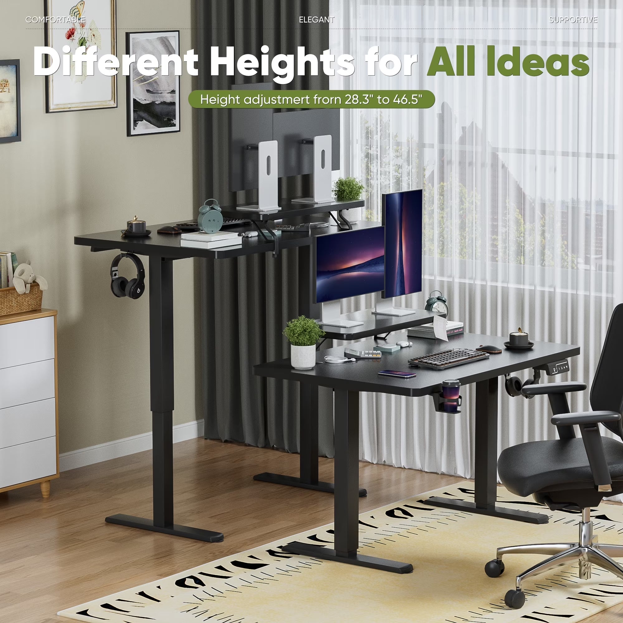 47" Wide Home Office Electric Height Adjustable Standing Desk Lifting Range 28~46" Computer Desk with Monitor Stand,Black