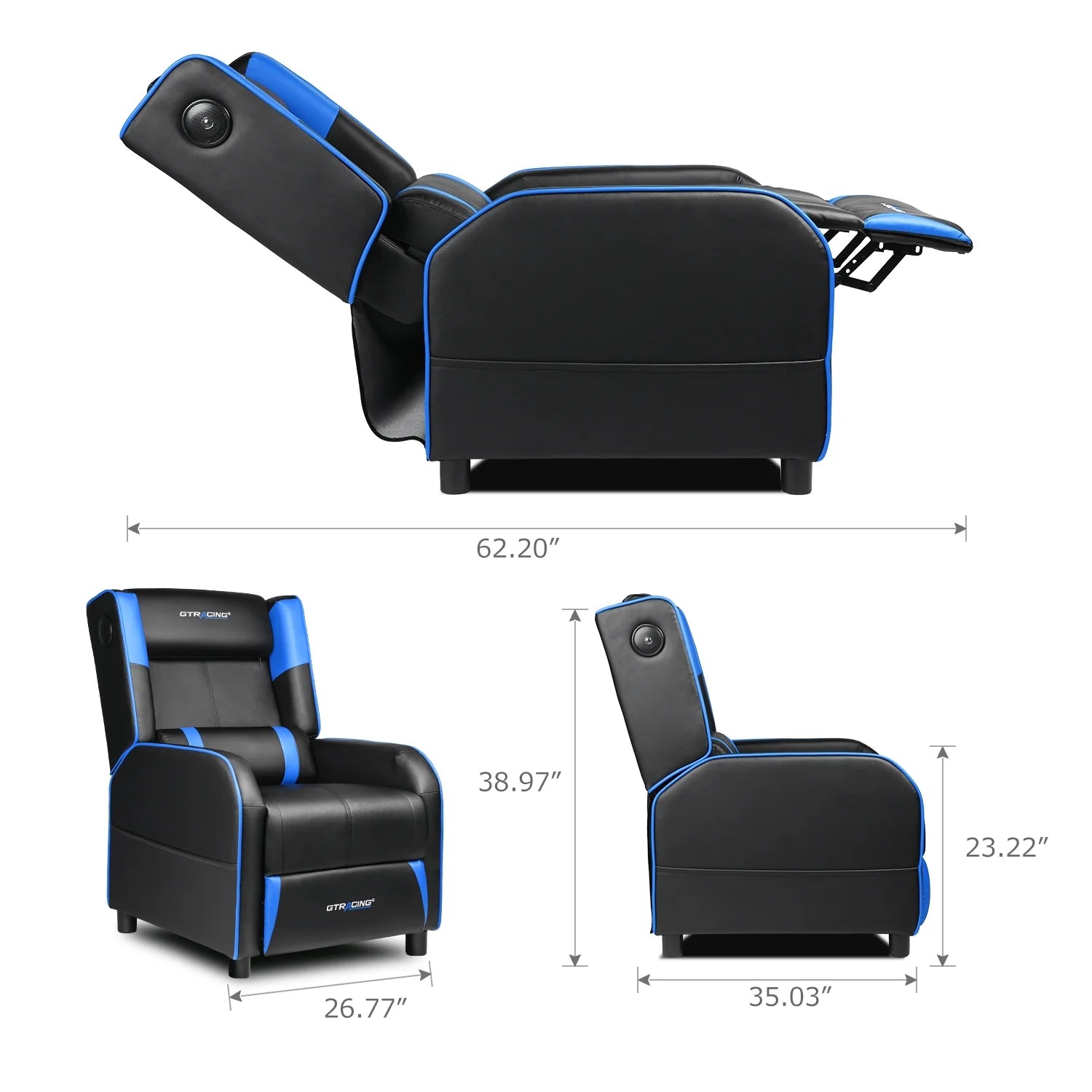 Level up your gaming experience with our sleek Blue Racing Style Recliner Chair! 🎮✨ Enjoy Bluetooth speakers, a cozy footrest, and massage lumbar support for ultimate comfort in your living room or home theater! 🛋️💙 #GamingChair #HomeTheater #ComfortGaming