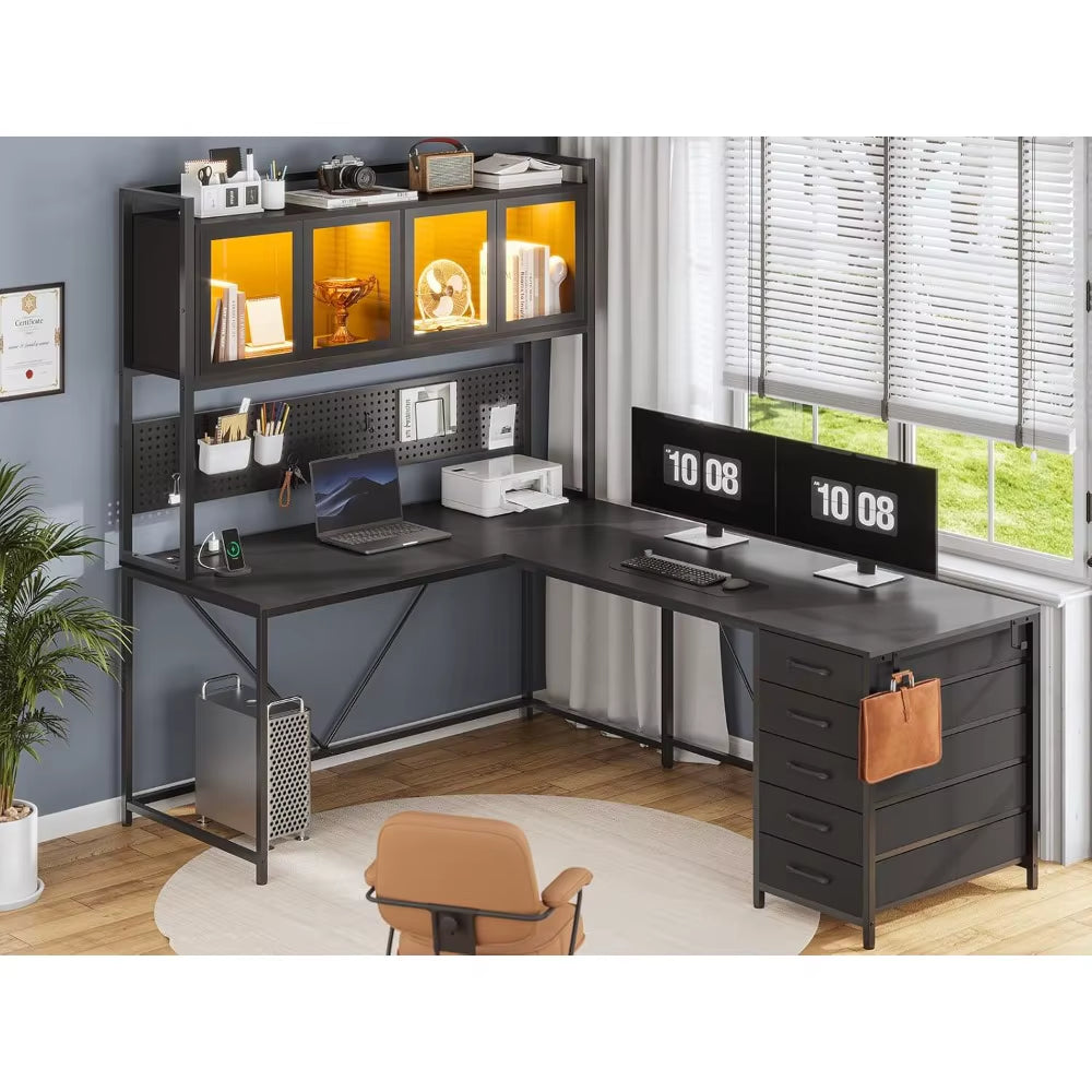 L Shaped Gaming Desk with Drawers, L Shaped Computer Desk with Hutch and Storage Shelves, Gaming Desk with Pegboard, Led Lights