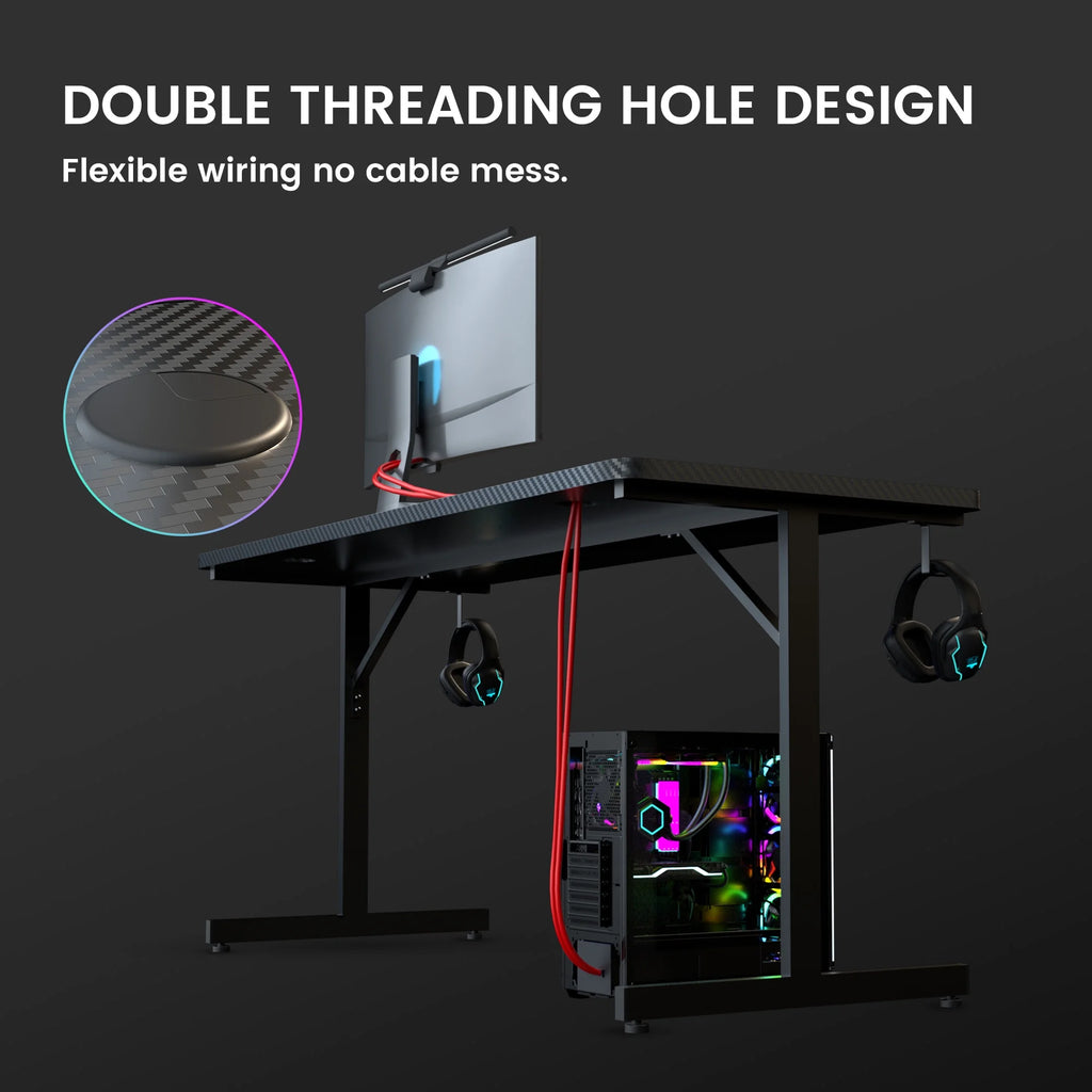 GTRACING 55" Large RGB Sturdy Gaming Desk with Mouse Pad T-Shaped Office Chair Computer Desk Spacious Work Surface Table, Black
