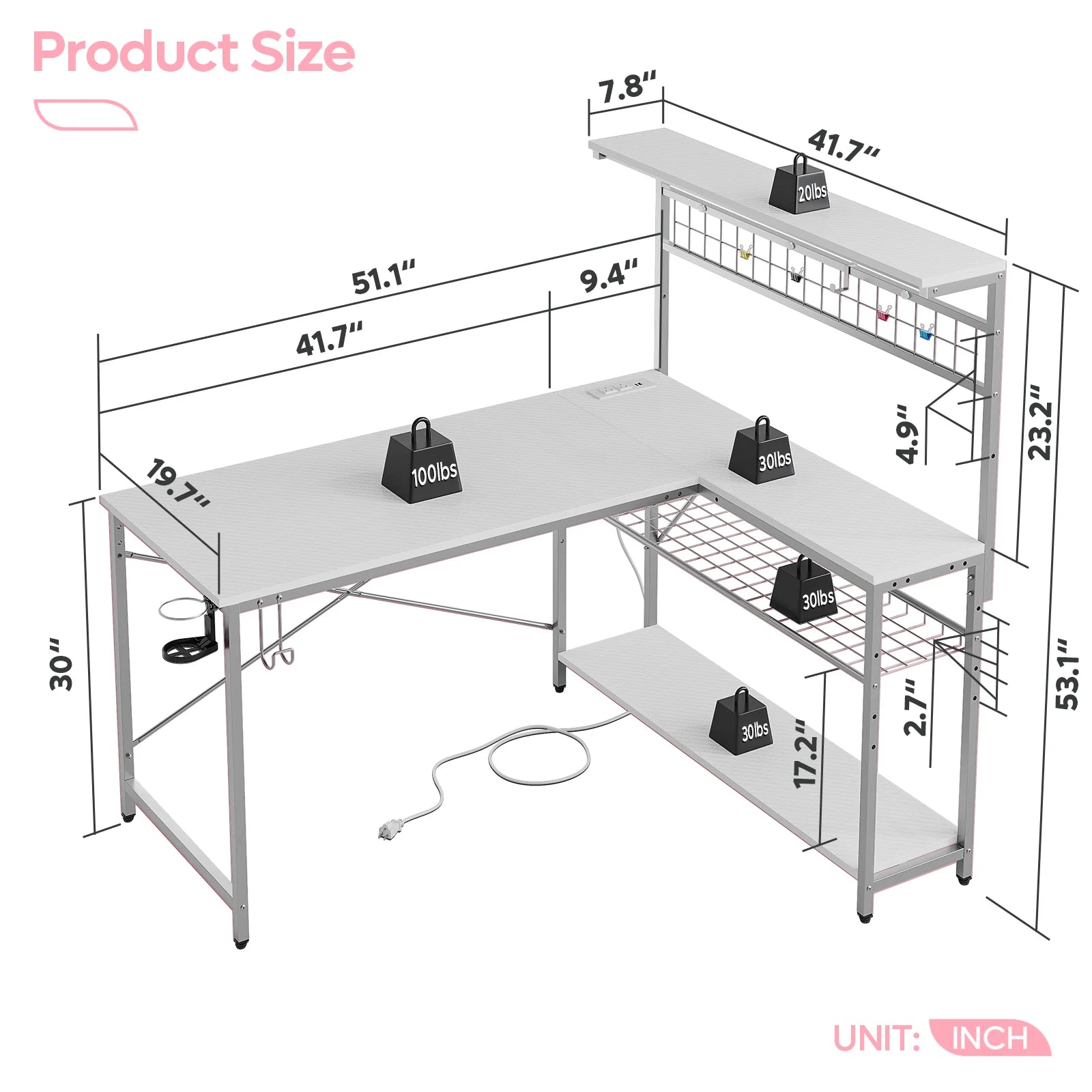 51 L Shaped Gaming Desk with Power Outlets, LED Workstation with 4 Tiers Shelves, Carbon Fiber White